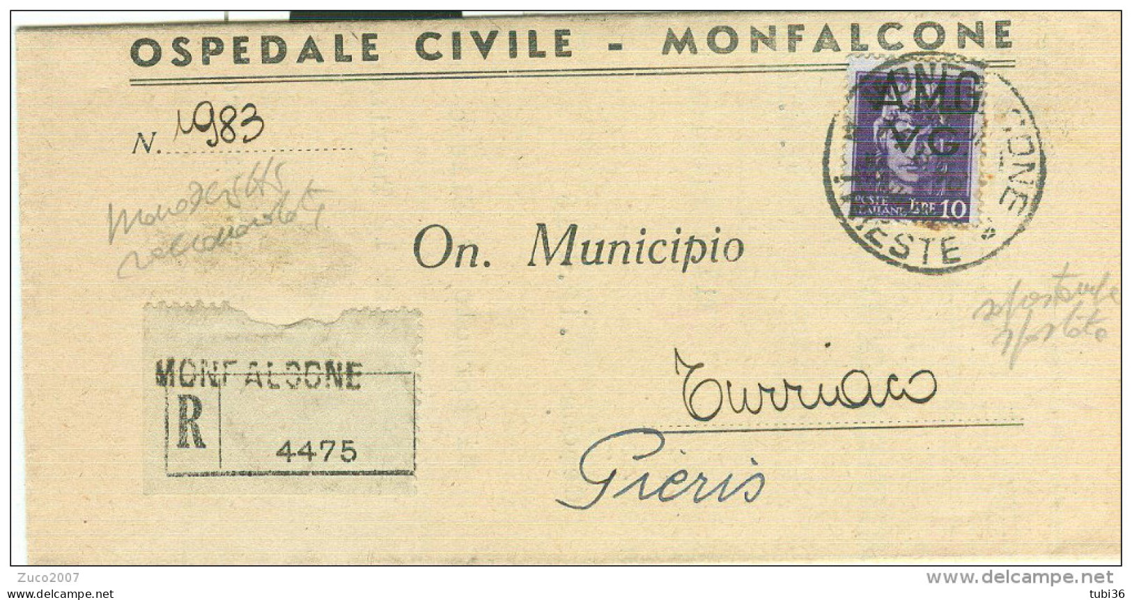 AMG-VG, IMP. £.10,VARIETA SOPRASTAMPA SPOSTATA ISOLATO IN TARIFFA MANO. RACC., 1946, POSTE MONFALCONE -PIERIS, TRIESTE - Marcophilia