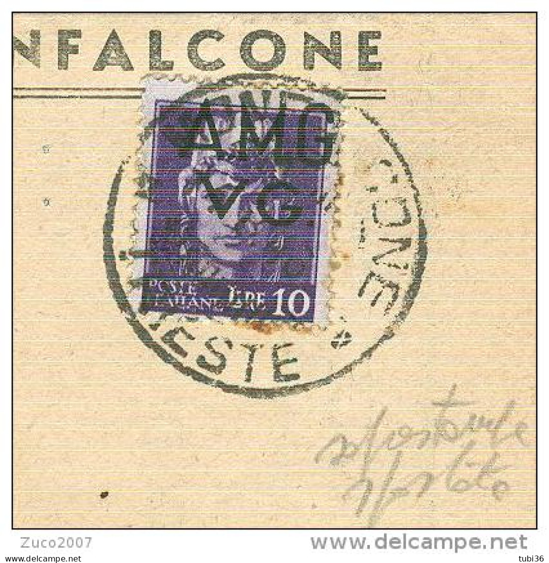 AMG-VG, IMP. £.10,VARIETA SOPRASTAMPA SPOSTATA ISOLATO IN TARIFFA MANO. RACC., 1946, POSTE MONFALCONE -PIERIS, TRIESTE - Marcophilie