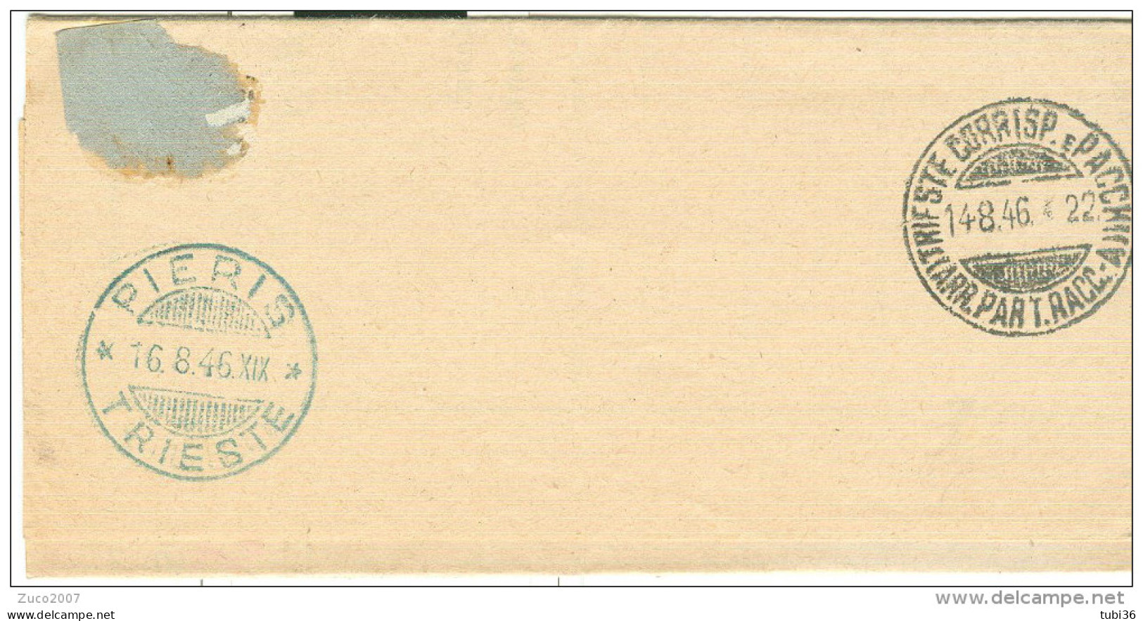 AMG-VG, IMP. £.10,VARIETA SOPRASTAMPA SPOSTATA ISOLATO IN TARIFFA MANO. RACC., 1946, POSTE MONFALCONE -PIERIS, TRIESTE - Marcofilía