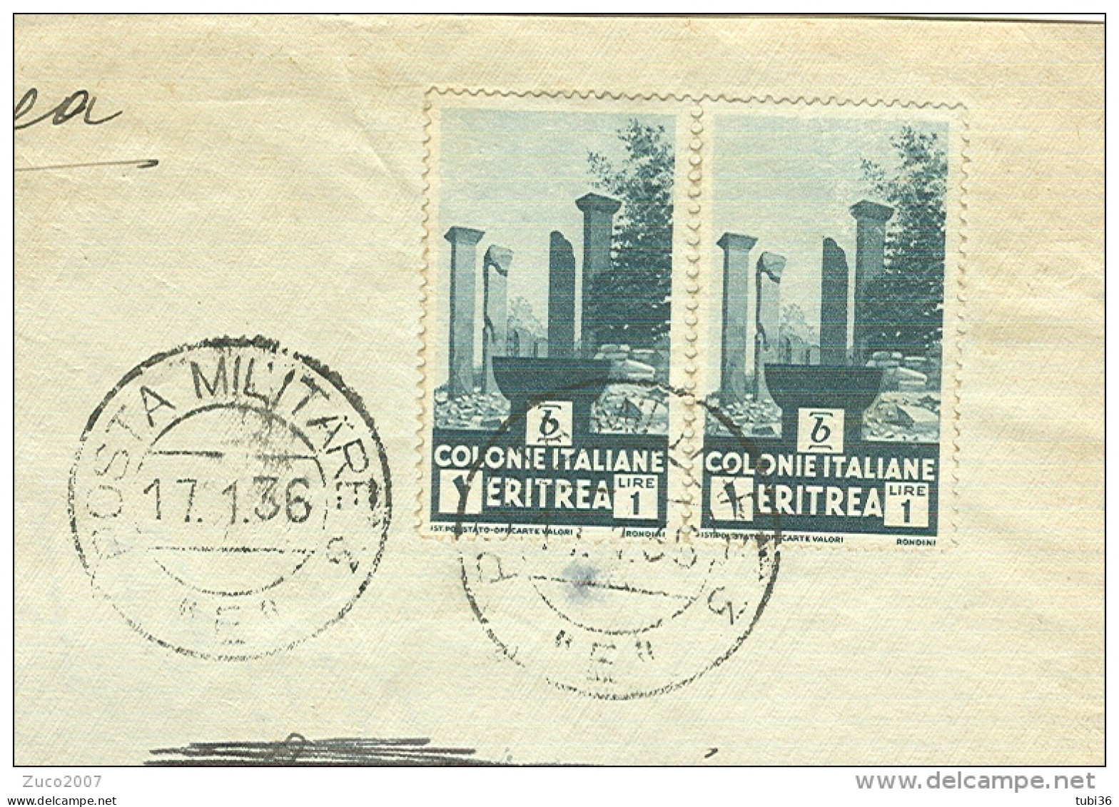 ERITREA, SERIE PITTORICA £.1+1,TIMBRO  POSTA MILITARE 3 E, SU BUSTA VIAGGIATA VIA AEREA ,1936,  TORINO, TARGHETTA, - Eritrée