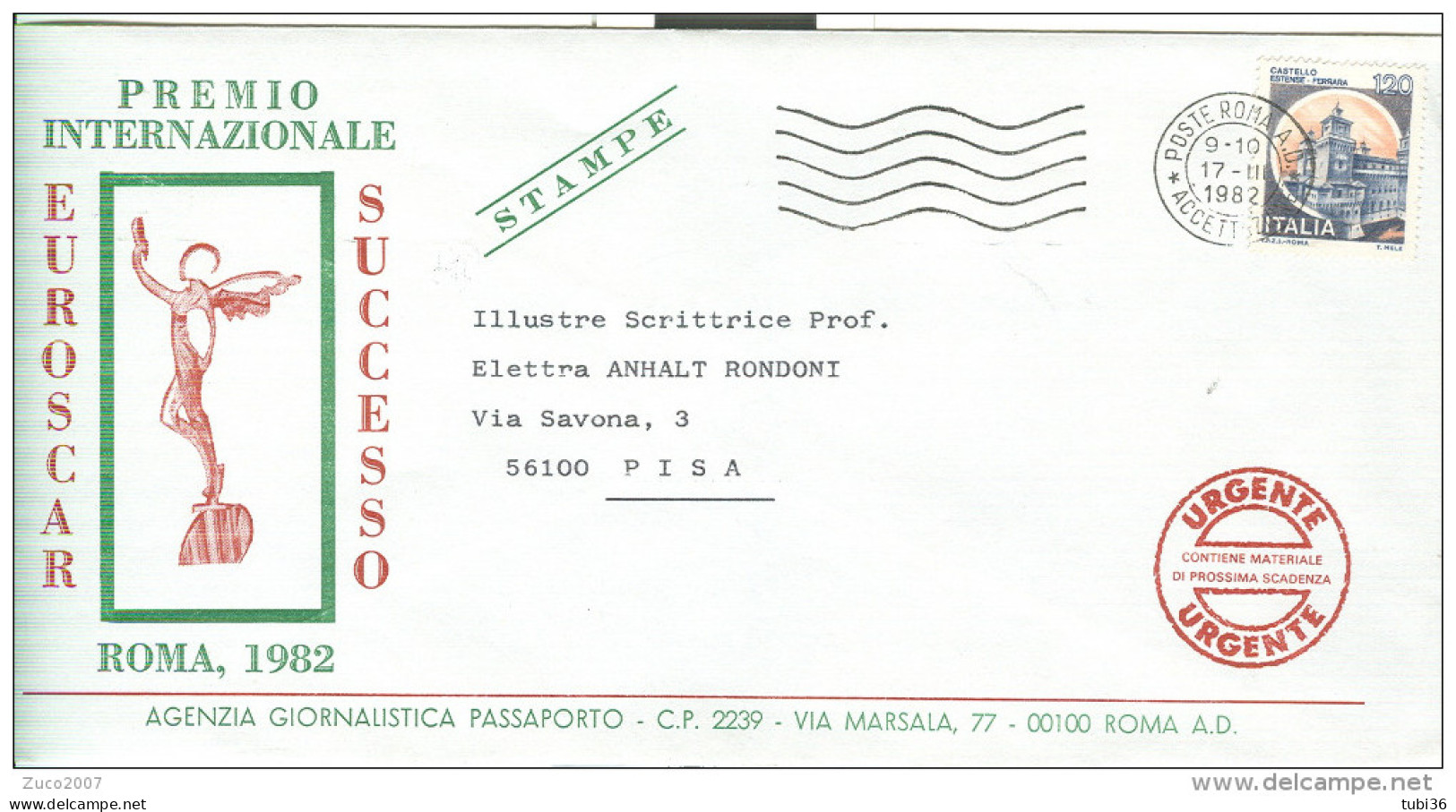 PREMIO INTERNAZIOMNALE EUROSCAR SUCCESSO, ROMA, 1982, BUSTA VIAGGIATA  1982, POSTE ROMA,PISA - Diplômes & Bulletins Scolaires