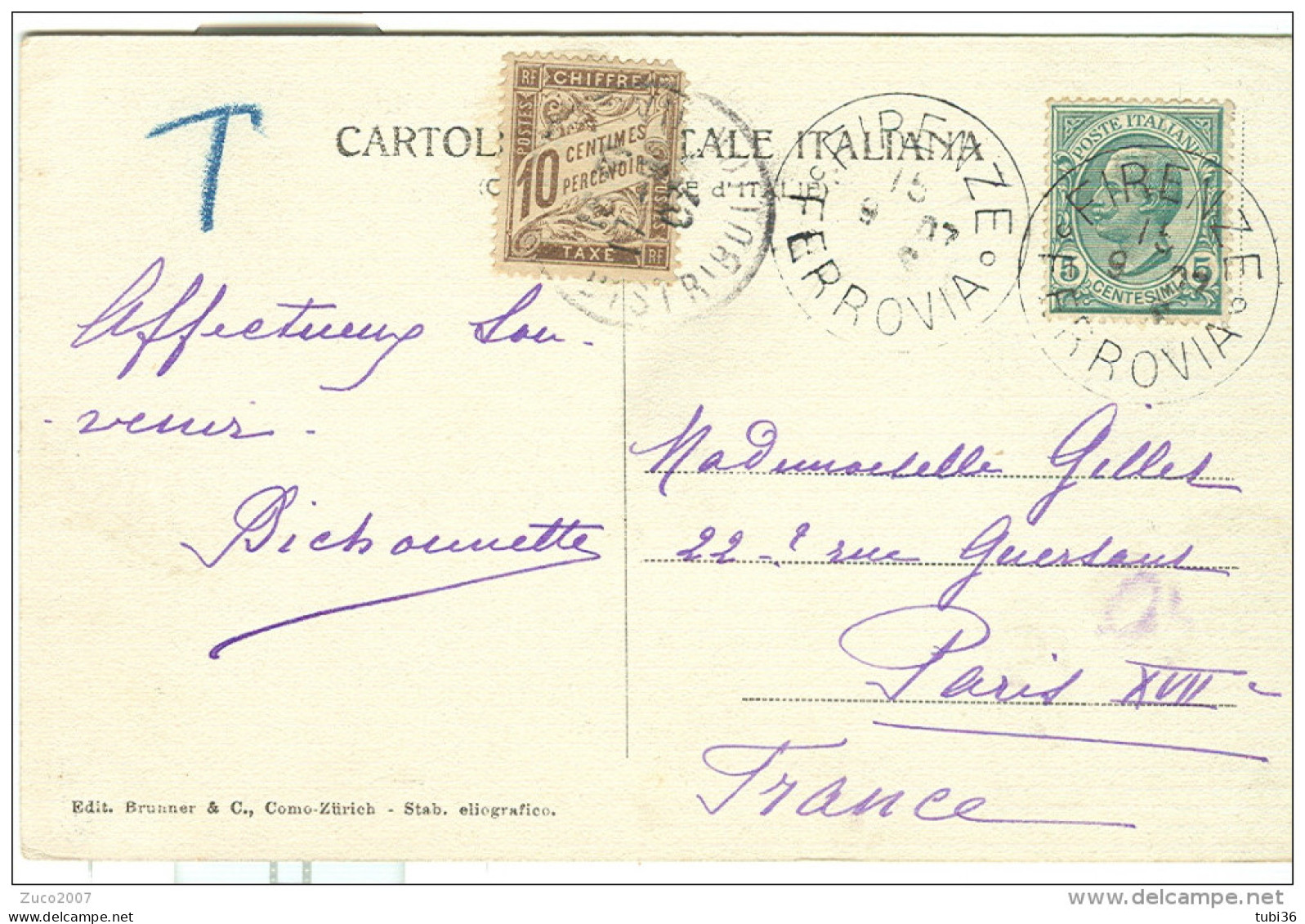 LEONI Cent.5 SU CARTOLINA B/N VIAGGIATA  1907, FIRENZE-PARIGI, TASSATA FRANCIA Cent.10,FIRENZE BATTISTERO - Segnatasse