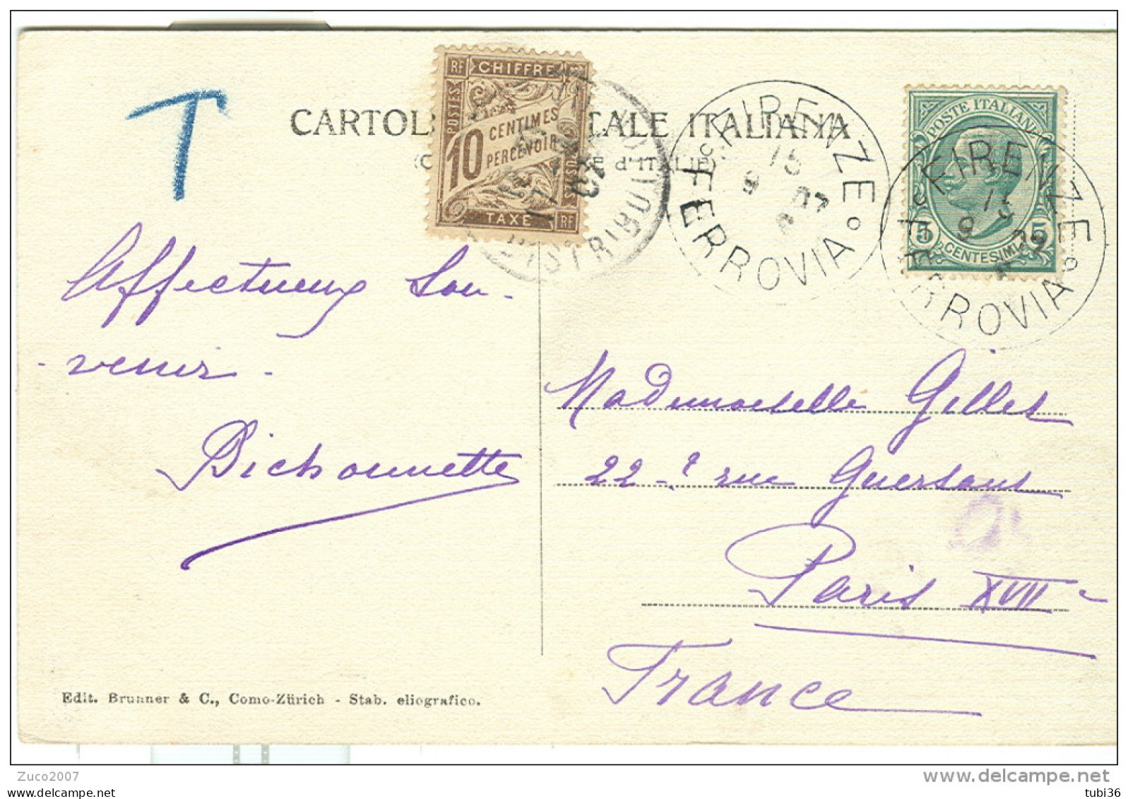 LEONI Cent.5 SU CARTOLINA B/N VIAGGIATA  1907, FIRENZE-PARIGI, TASSATA FRANCIA Cent.10,FIRENZE BATTISTERO - Strafport