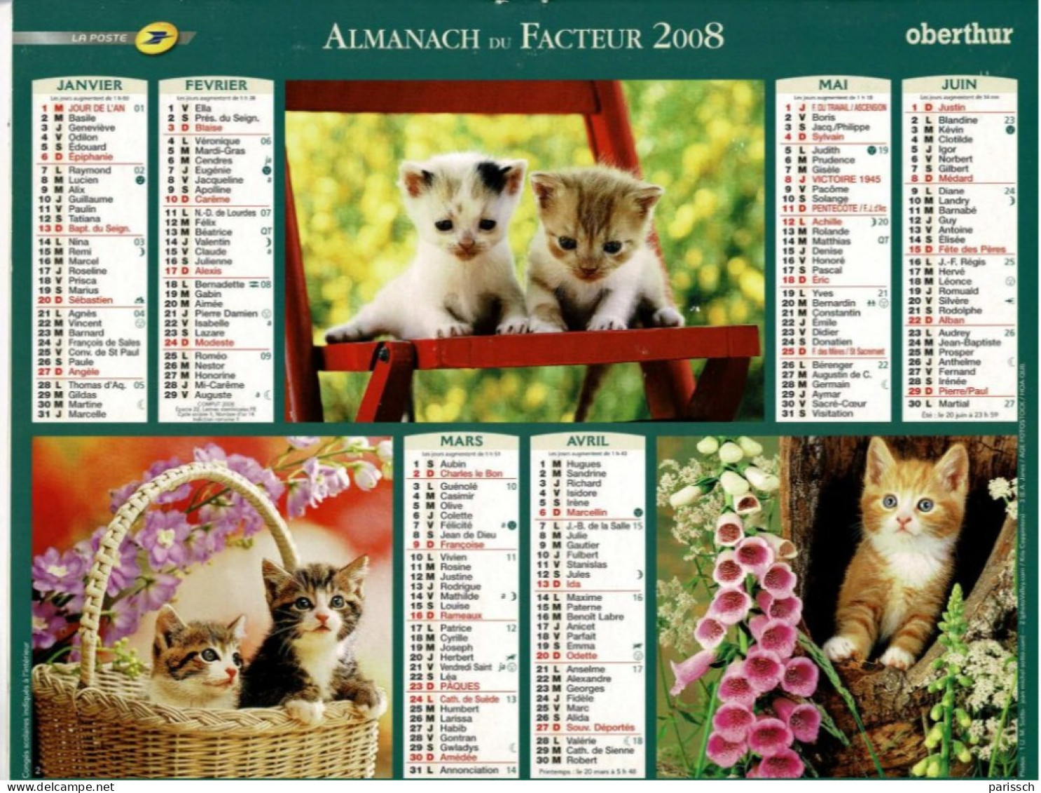 Calendrier Des Postes 2008 - Chiots, Fauteuil En Rotin, Chatons, Chaise, Panier, Fleurs - Grand Format : 2001-...