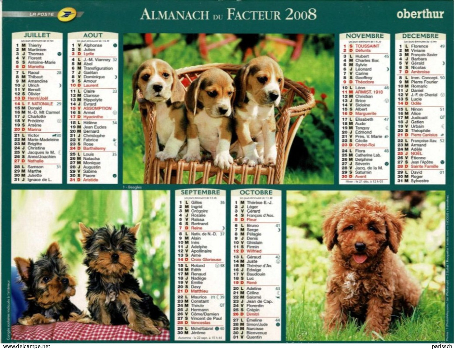 Calendrier Des Postes 2008 - Chiots, Fauteuil En Rotin, Chatons, Chaise, Panier, Fleurs - Grand Format : 2001-...