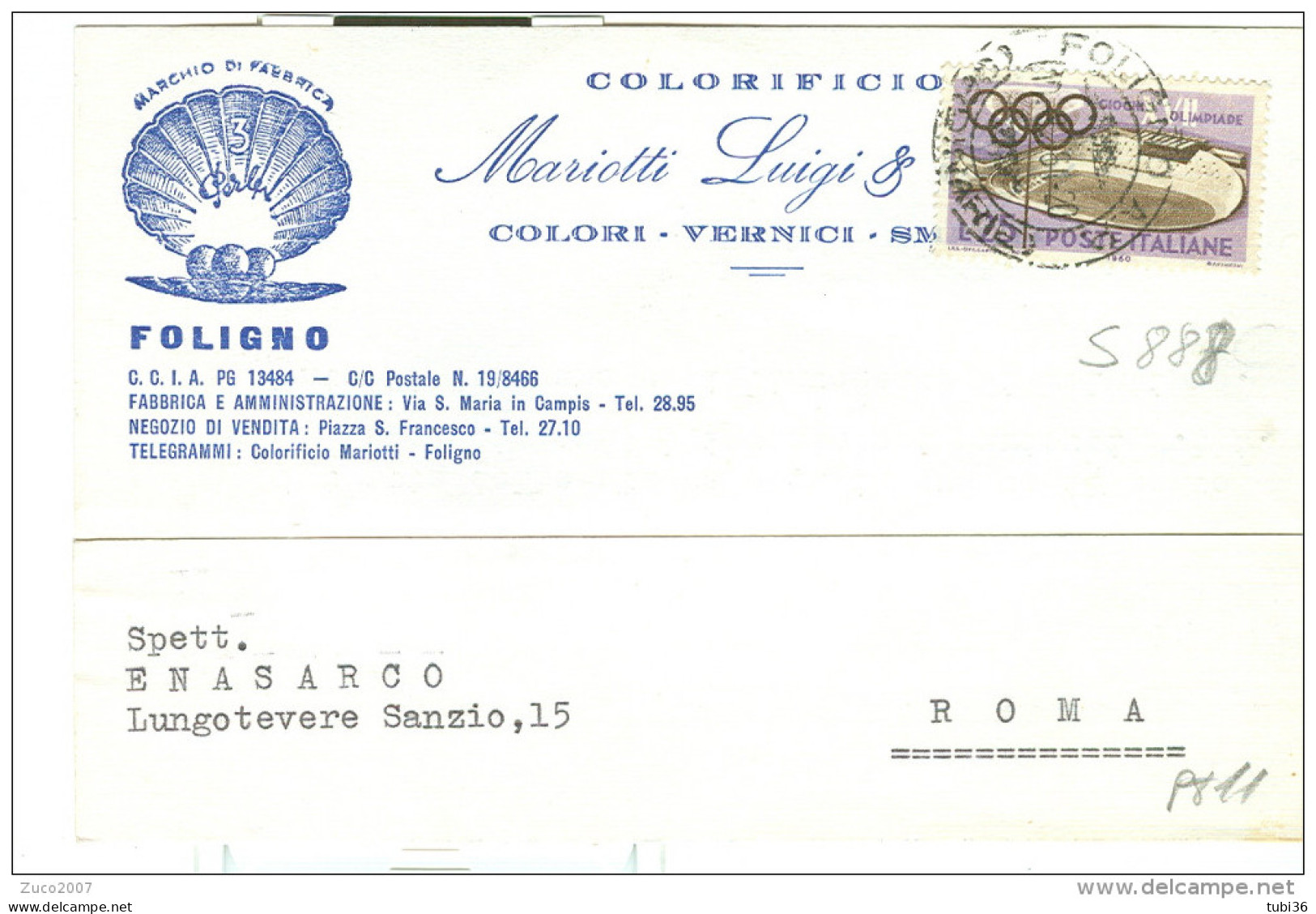 MARIOTTI, FOLIGNO, PERUGIA, CARTOLINA COMMERCIALE VIAGGIATA 1961, TIMBRO POSTE FOLIGNO, OLIMPIADE £.25 - Foligno