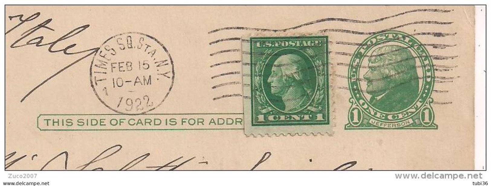 FULL POST ONE CENT, JEFFERSON, BY ADDING CENT.1, USED 1922 POSTAL STAMP NY FOR MODENA, ITALY, - Time Square