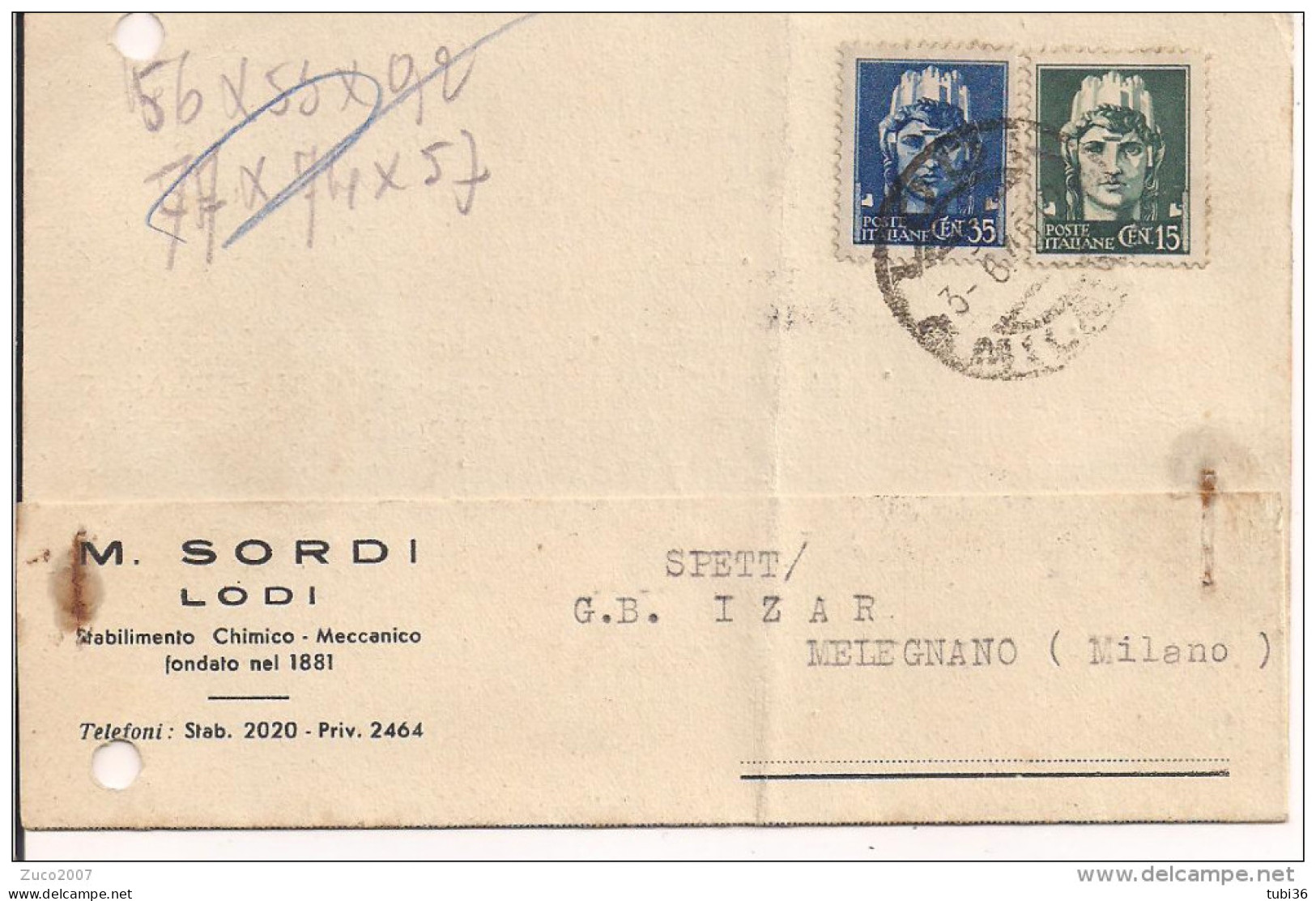 SORDI,LODI, CARTOLINA COMMERCIALE VIAGGIATA  1945, PER MELEGNANO - Lodi