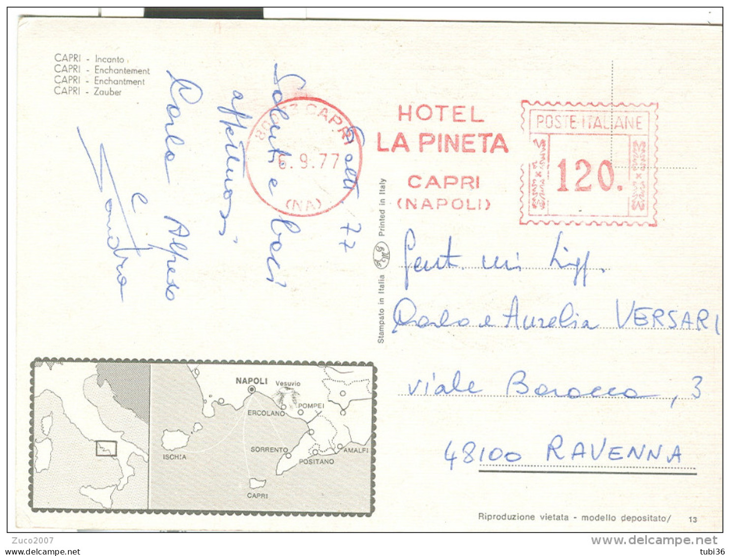 HOTEL LA PINETA, CAPRI, NAPOLI, AFFRANCATURA MECCANICA ROSSA £.120, 1977, CARTOLINA PER RAVENNA, - Hotels, Restaurants & Cafés