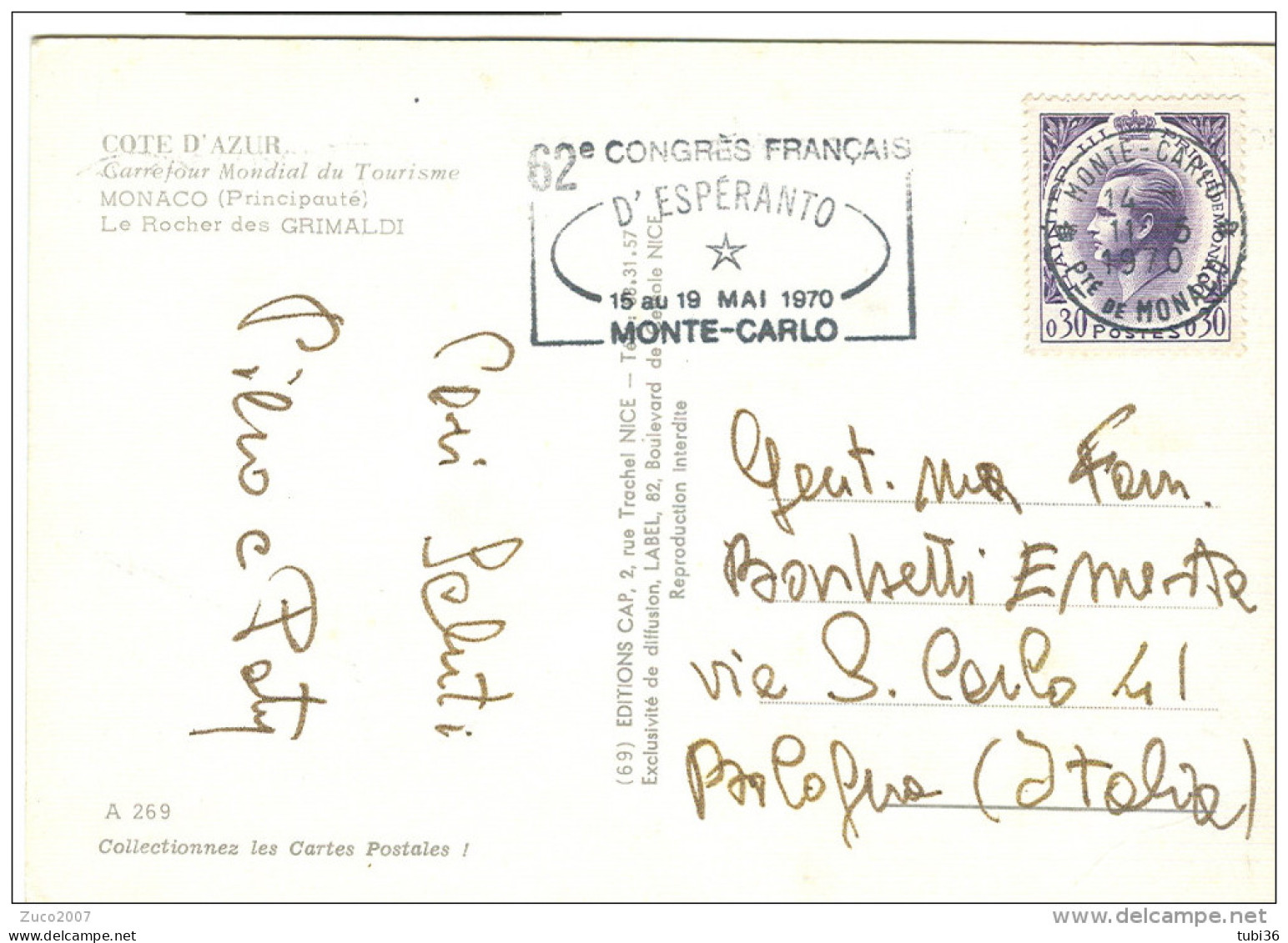 MONTE CARLO, 62 CONGRES FRANCAIS D'ESPERANTO,POSTE MONTECARLO TARGHETTA, ,1970, LE ROCHER DES GRIMALDI - Postmarks