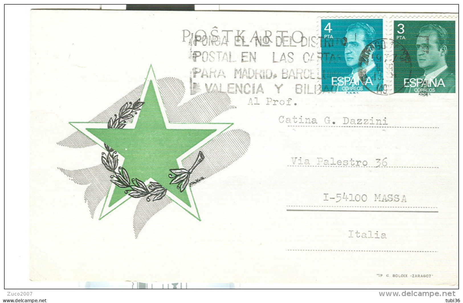 ESPERANTO, CARTOLINA  ZARAGOZA SPAGNA X MASSA ITALIA,1977, - Esperanto