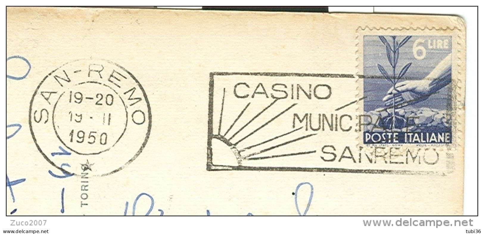 CASINO MUNICIPALE  SAN REMO, TIMBRO POSTE SAN REMO  TARGHETTA, 1950, - Unclassified