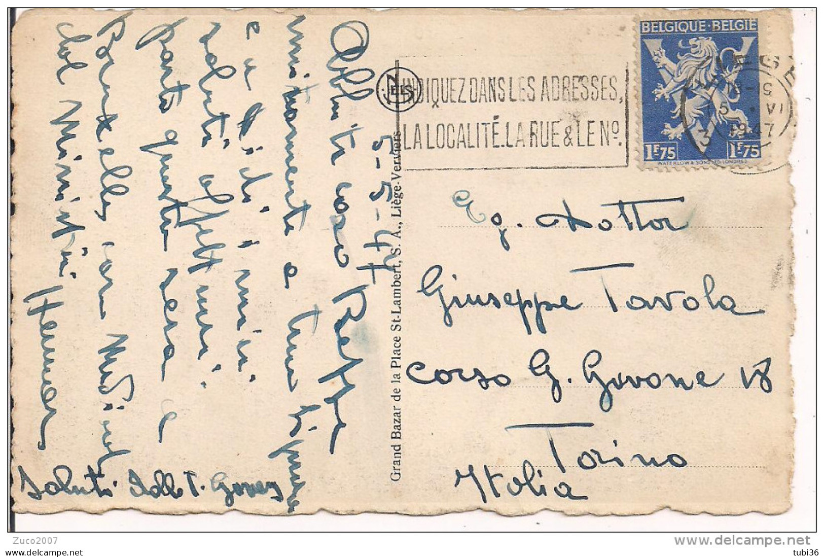 LIEGE, TIMBRO TARGHETTA  SU CARTOLINA  VIAGGIATA 1947, PER TORINO, - Flammes