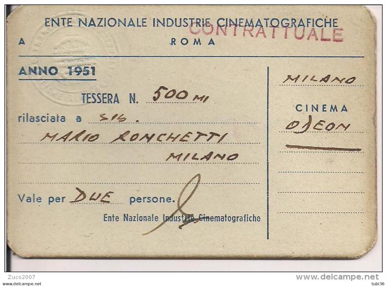 ENTE NAZIONALE INDUSTRIE CINEMATOGRAFICHE,ROMA, TESSERA 1951. TESSERA  PER DUE  PERSONE,MILANO, CINEMA  ODEON, - Autres & Non Classés