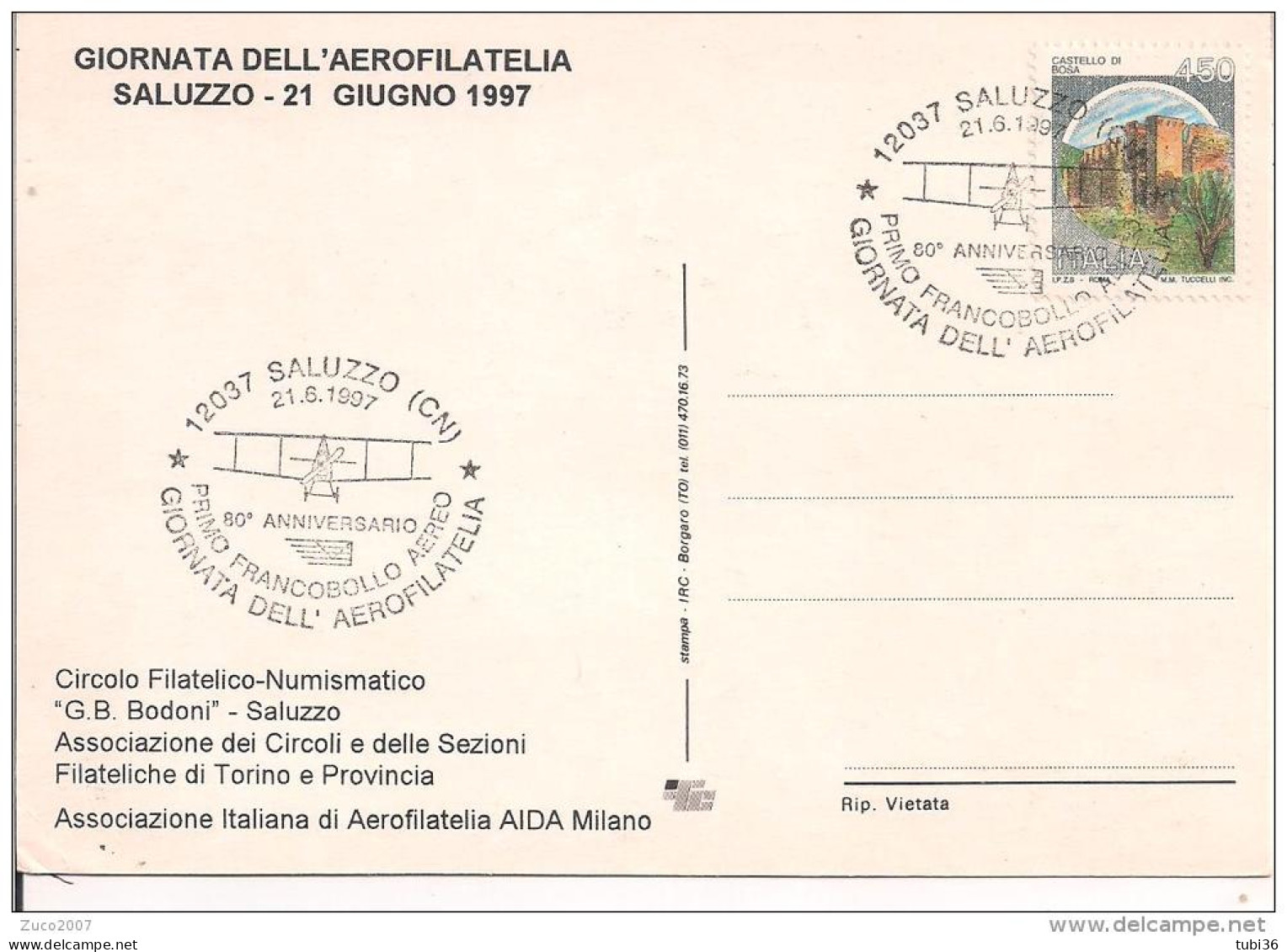 SALUZZO, GIORNATA DELL'AEROFILATELIA 1997, ANNULLO SPECIALE FIGURATO SU CARTOLINA DEDICATA, - Poste