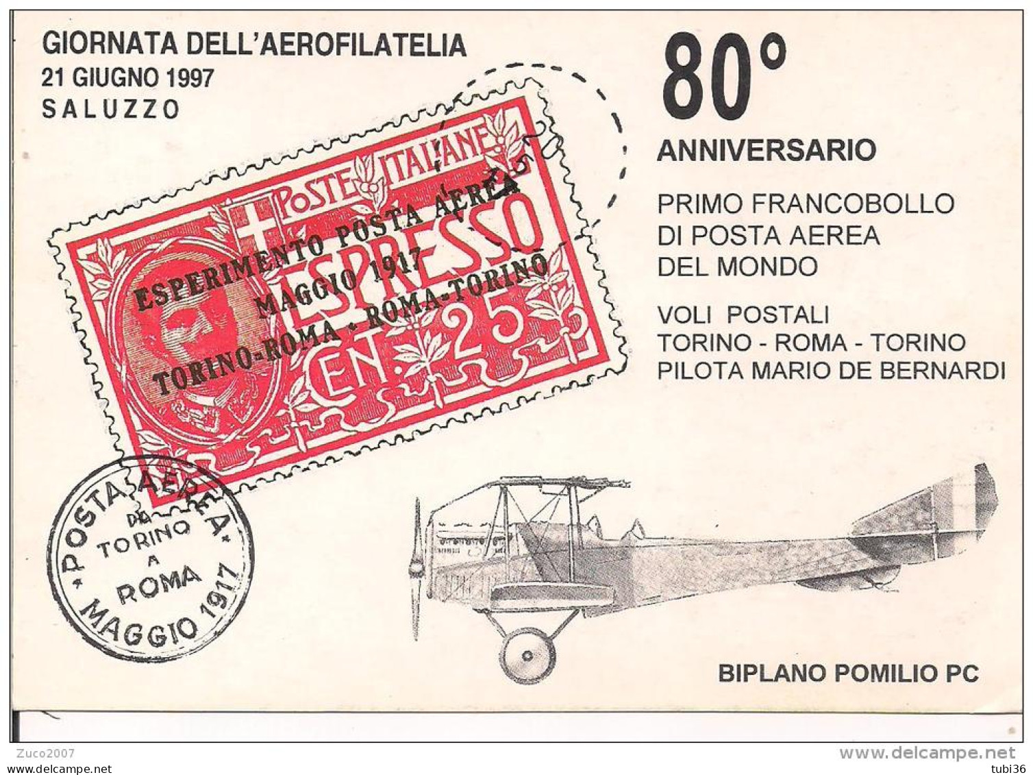 SALUZZO, GIORNATA DELL'AEROFILATELIA 1997, ANNULLO SPECIALE FIGURATO SU CARTOLINA DEDICATA, - Poste