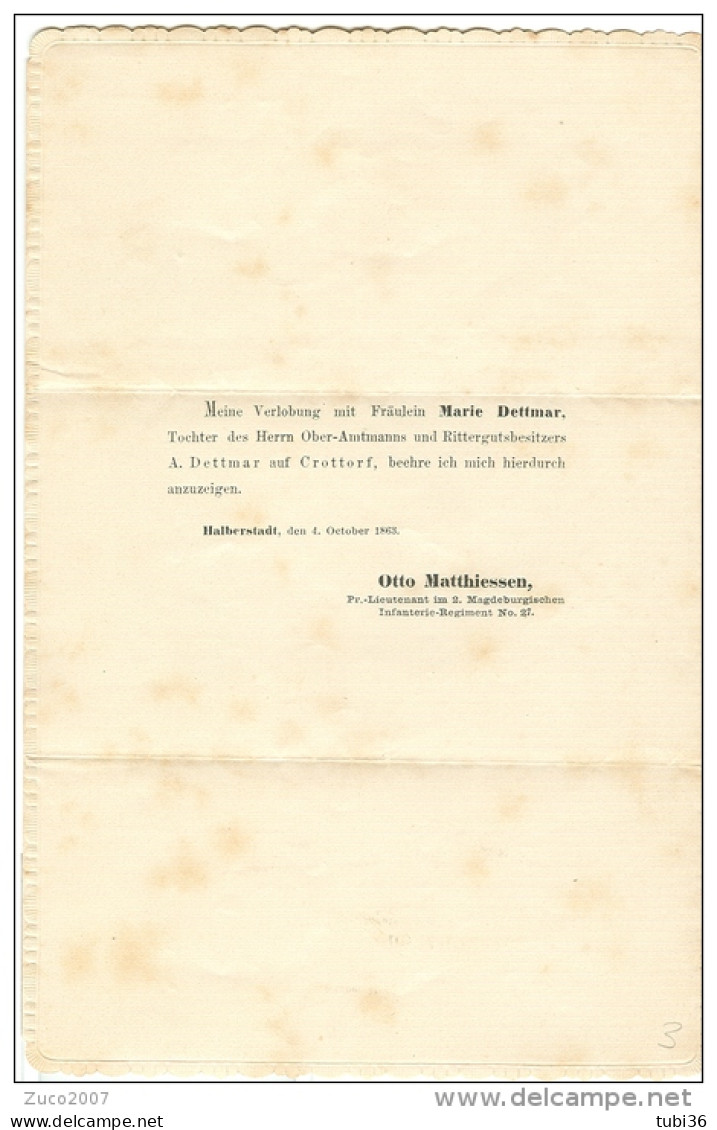 IL MIO FIDANZAMENTO CON MISS./ MEINE VERLOBUNG MIT FRAULEIN MARIE DETTMAR / OTTO MATTHIESSEN, HALBERSTADT, 1863, - Verloving