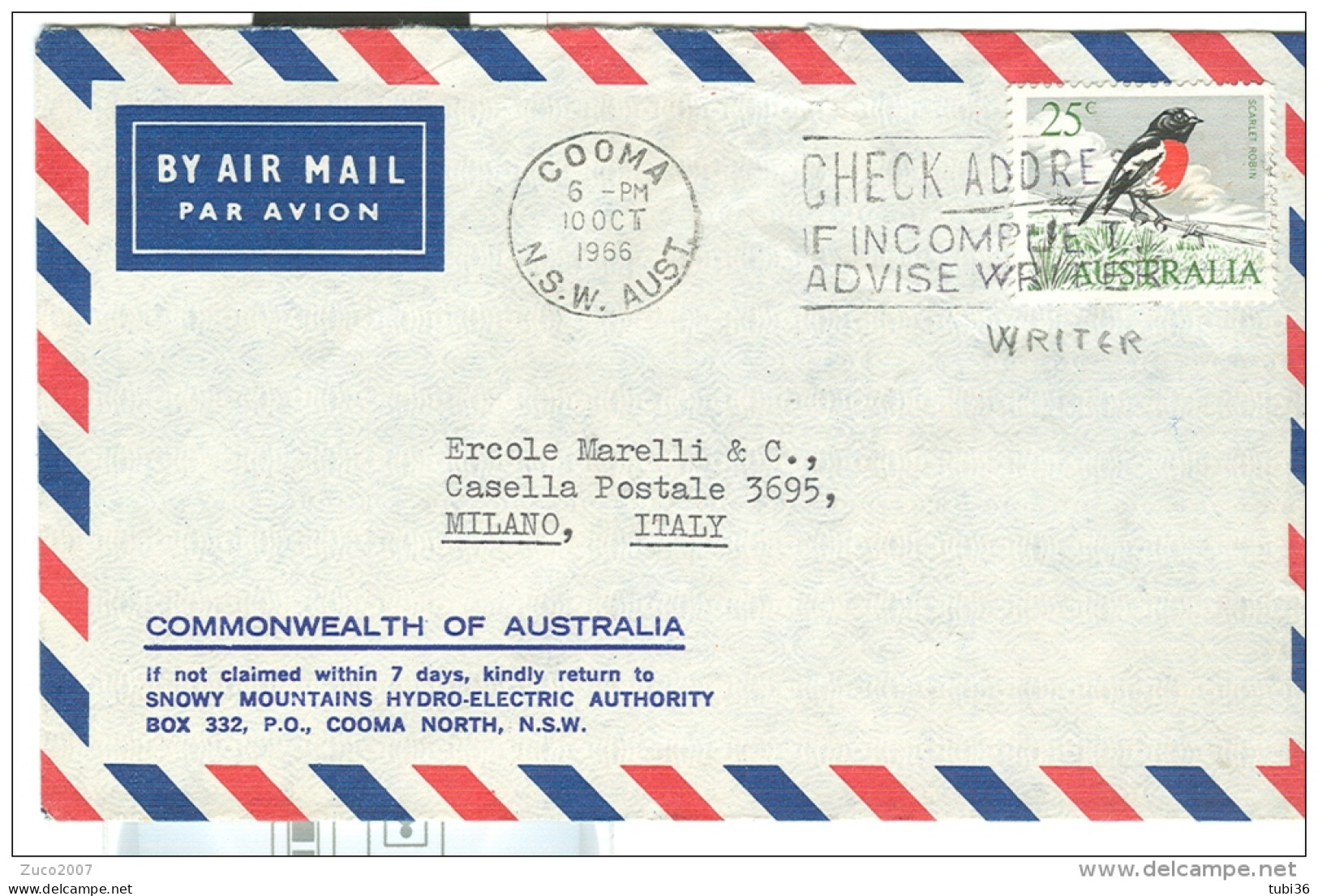 LETTERA  COOMA NORTH, N.S.W.  - MILANO  ITALIA,  1966, - Lettres & Documents