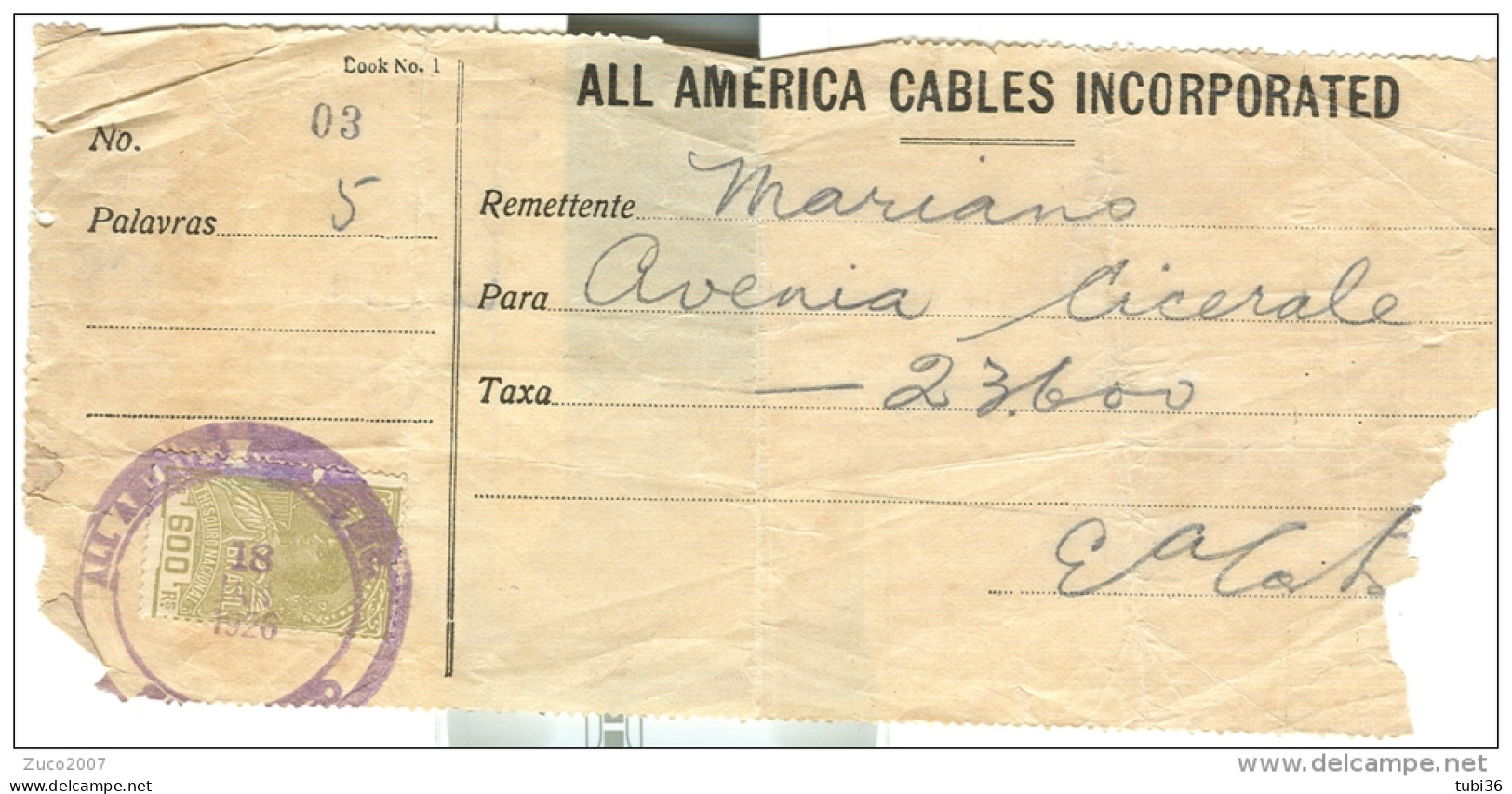 ALL AMERICA CABLES INCORPORATED, 1926, THESOURO  NACIONAL 600 - Telegraphenmarken