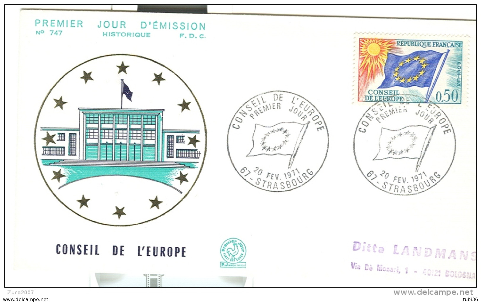 CONSEIL DE L'EUROPE, STRASBOURG 1971, FDC,   VIAGGIATA BOLOGNA, - 1971