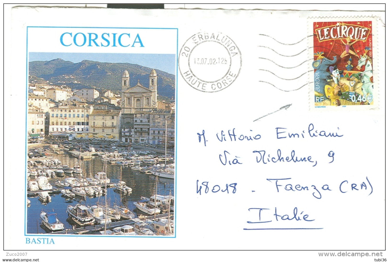 LE CIRQUE, EUROPA 2002, SU BUSTA  ILLUSTRATA  BASTIA CORSICA, VIAGGIATA 2002 PER ITALIA, - Cirque