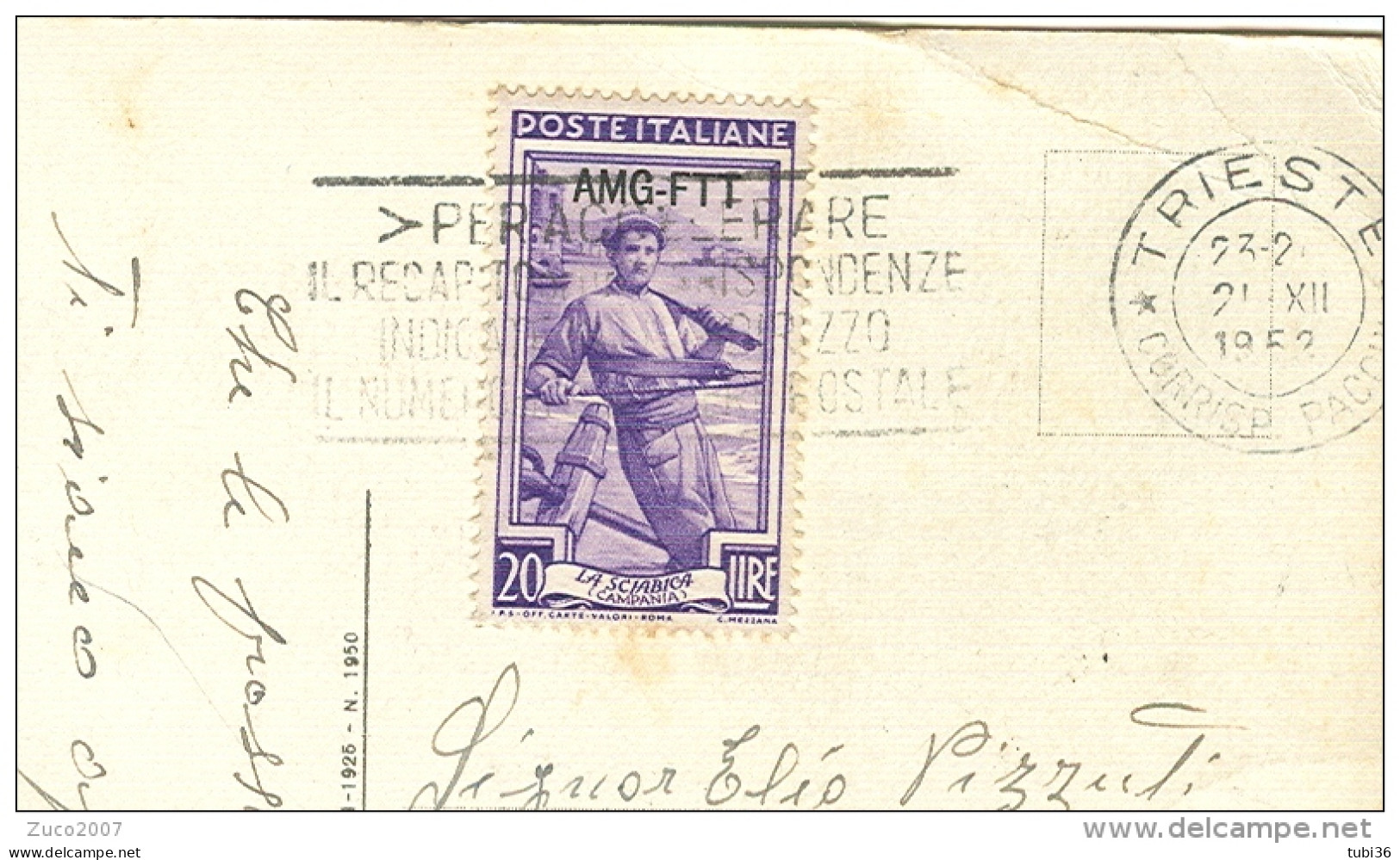 STORIA POSTALE, LAVORO £. 20 AMG-FTT, ISOLATO IN TARIFFA CARTOLINA POSTALE, VIAGGIATA  1952, TIMBRO TRIESTE TARGHETTA, - Marcophilie