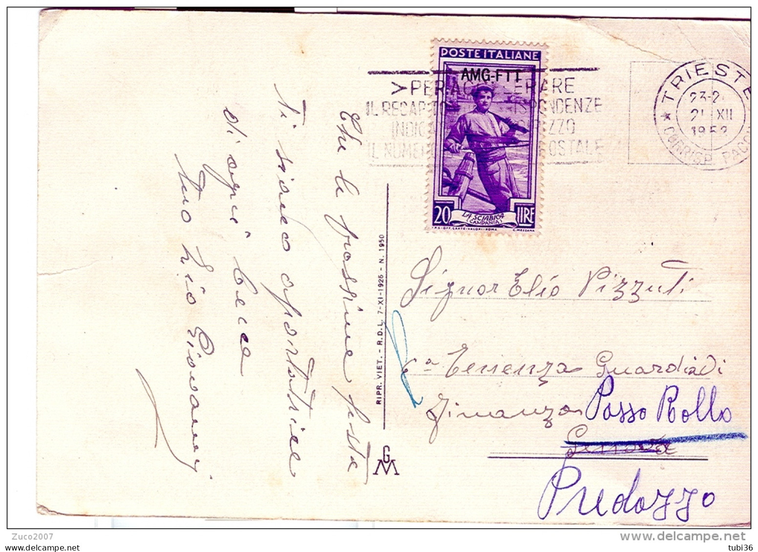 STORIA POSTALE, LAVORO £. 20 AMG-FTT, ISOLATO IN TARIFFA CARTOLINA POSTALE, VIAGGIATA  1952, TIMBRO TRIESTE TARGHETTA, - Marcofilie