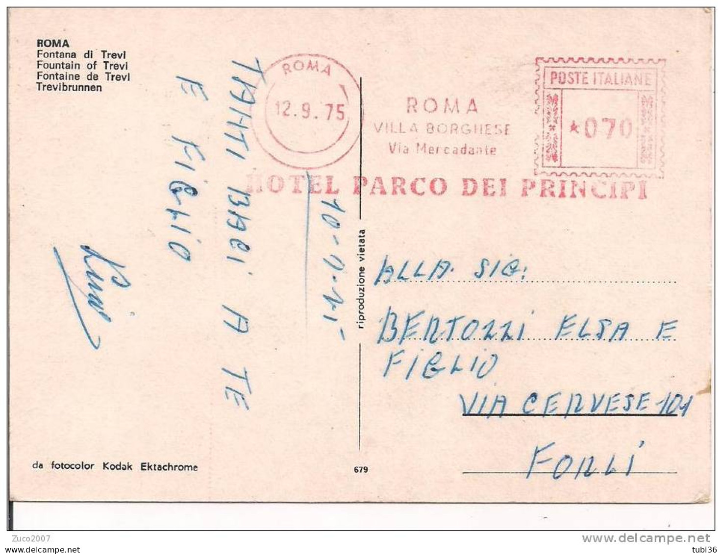 HOTEL PARCO  DEI  PRINCIPI, ROMA, TIMBRO ROSSO  SU CARTOLINA  VIAGGIATA  1975, PER FORLI, - Hostelería - Horesca