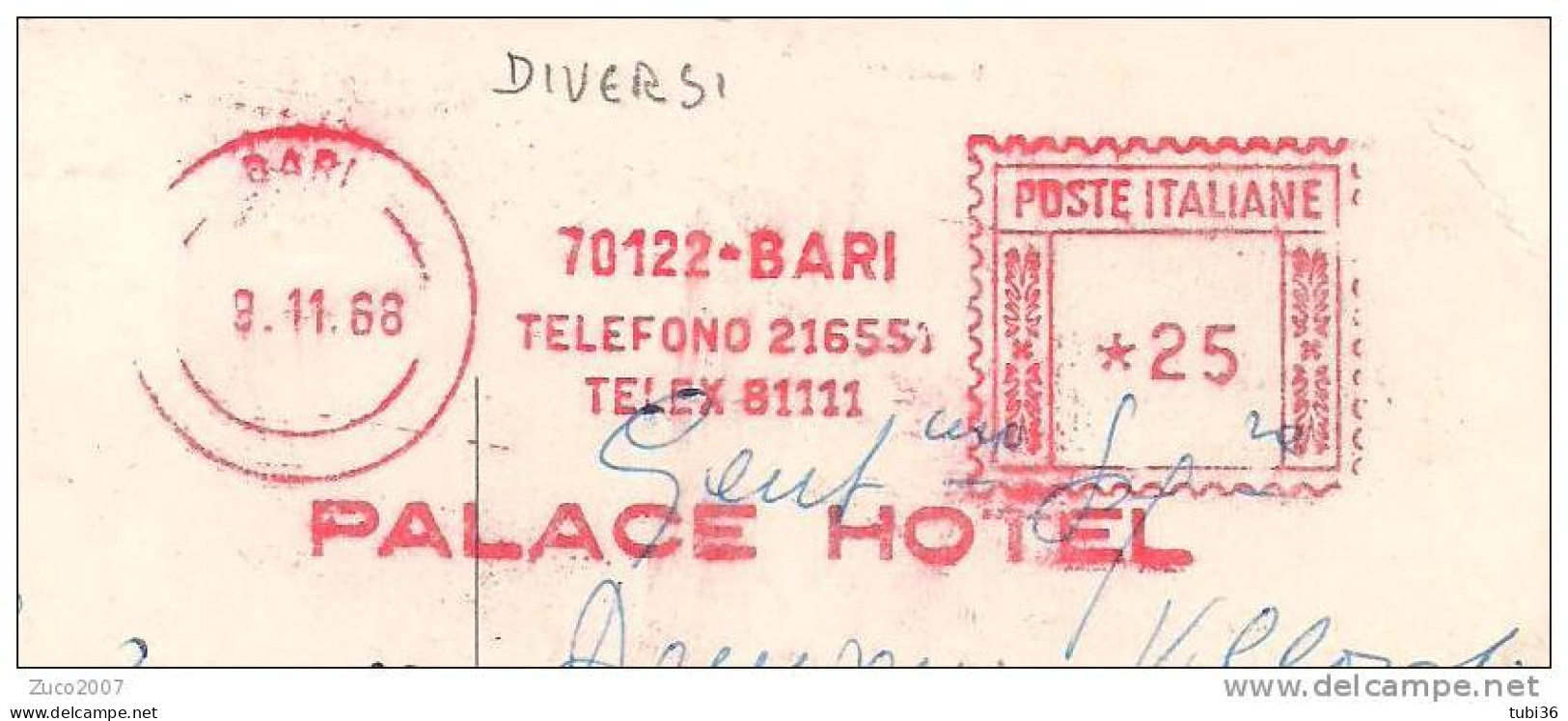 PALACE  HOTEL, BARI, TIMBRO ROSSO SU CARTOLINA  VIAGGIATA 1968 PER MILANO, - Hostelería - Horesca