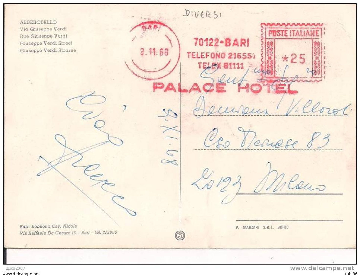 PALACE  HOTEL, BARI, TIMBRO ROSSO SU CARTOLINA  VIAGGIATA 1968 PER MILANO, - Hotels, Restaurants & Cafés