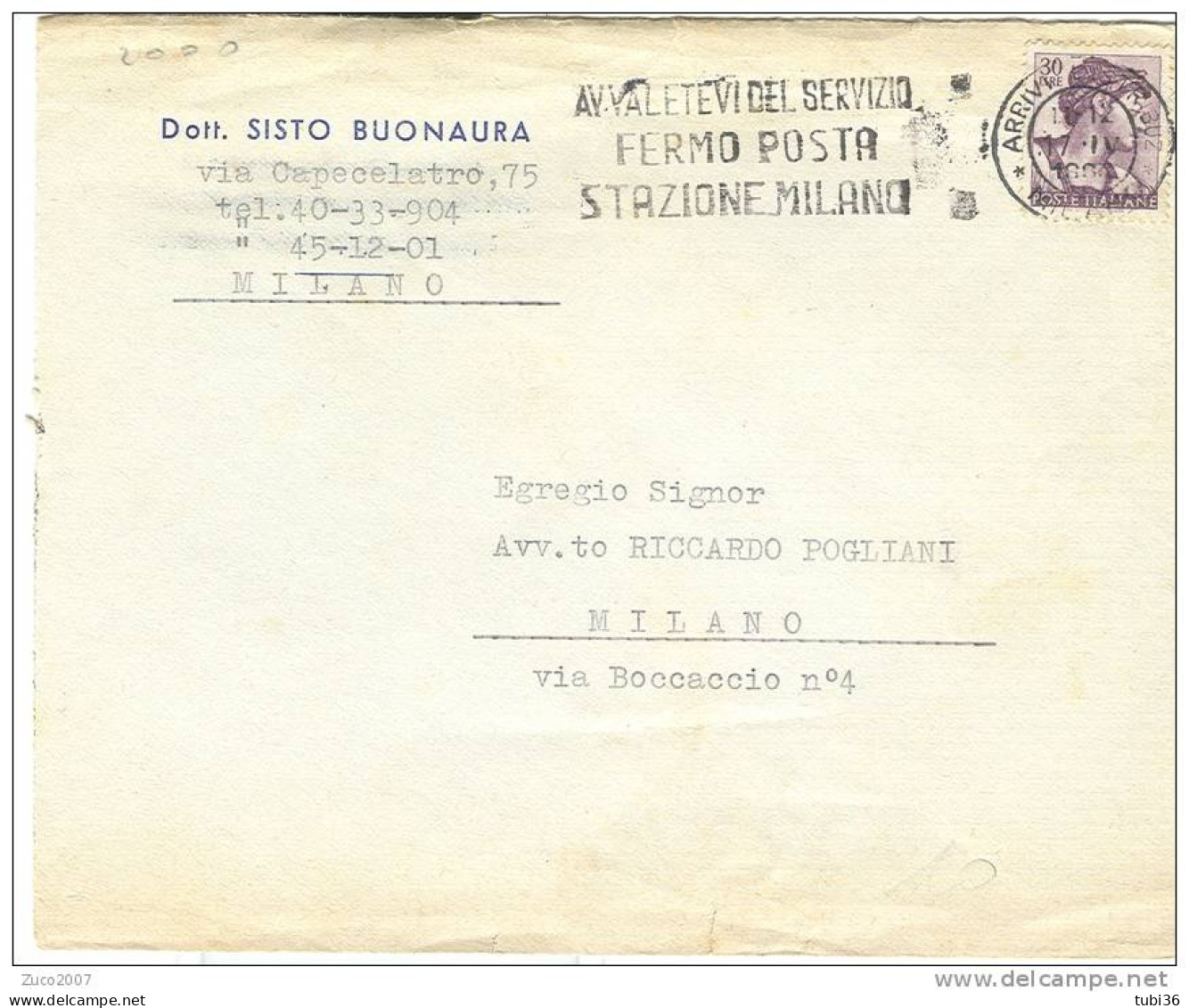 AVVALETEVI DEL SERVIZO FERMO POSTA  STAZIONE MILANO, TIMBRO POSTE MILANO TARGHETTA SU BUSTA VIAGGIATA  1962, - Poste