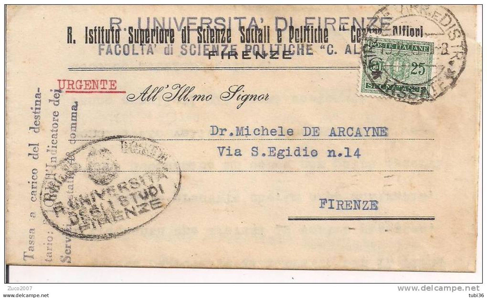 SEGNATASSE Cent.25. TASSA A CARICO DEL DESTINATARIO, SU PIEGO TARIFFA RIDOTTA DISTRTETTO, FIRENZE/FIRENZE, - Postage Due