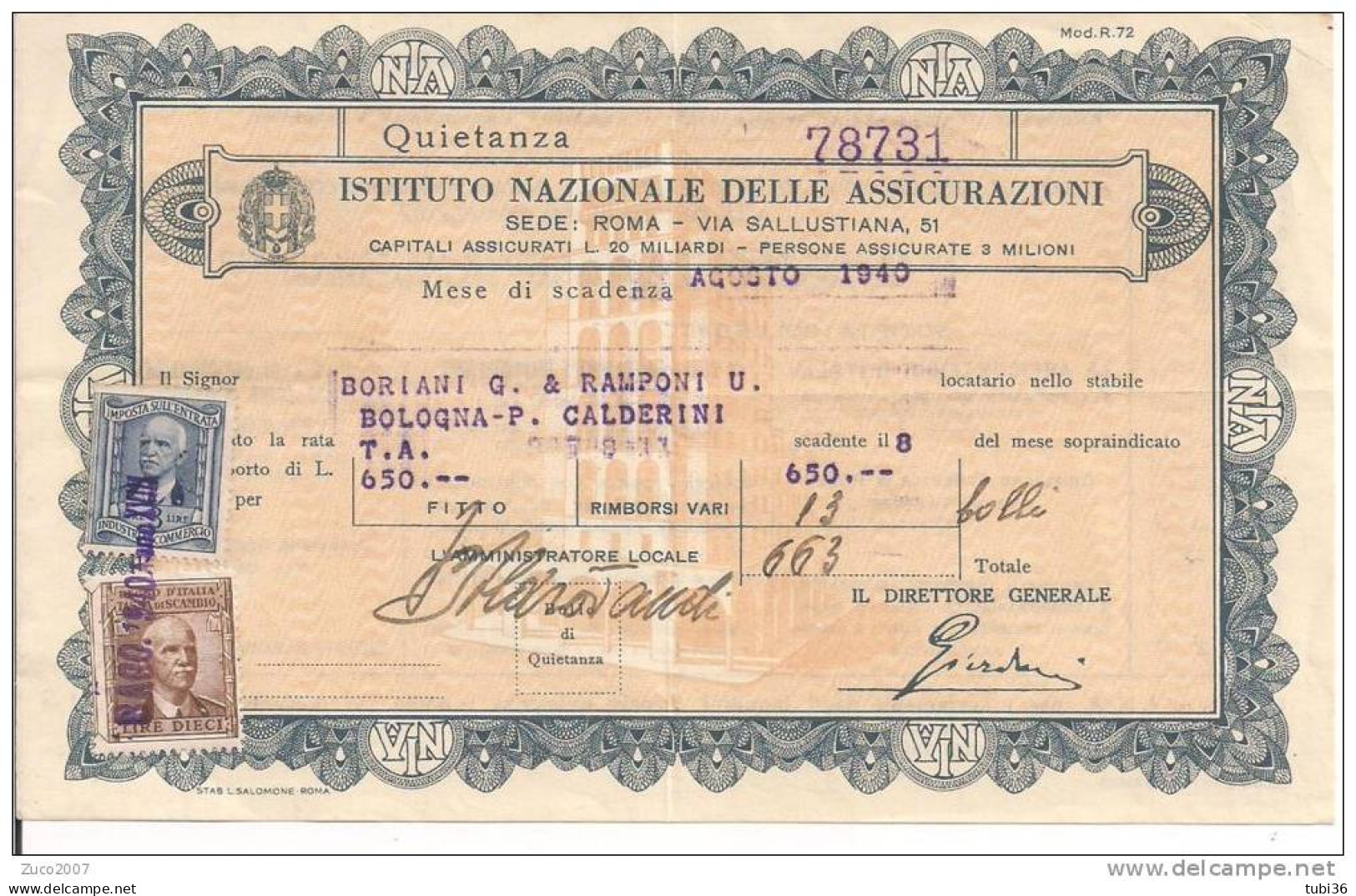 ISTITUTO NAZIONALE ASSICURAZIONI, ROMA, QUIETANZA  AGOSTO 1940, CON MARCHE DA BOLLO, MISTE, - Banque & Assurance