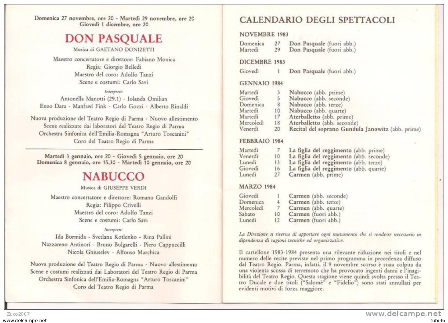 PARMA, TEATRO REGIO, STAGIONE LIRICA  1983-84, CALENDARIO DEGLI SPETTACOLI, ABBONAMENTI, PREZZI, - Afiches & Pósters