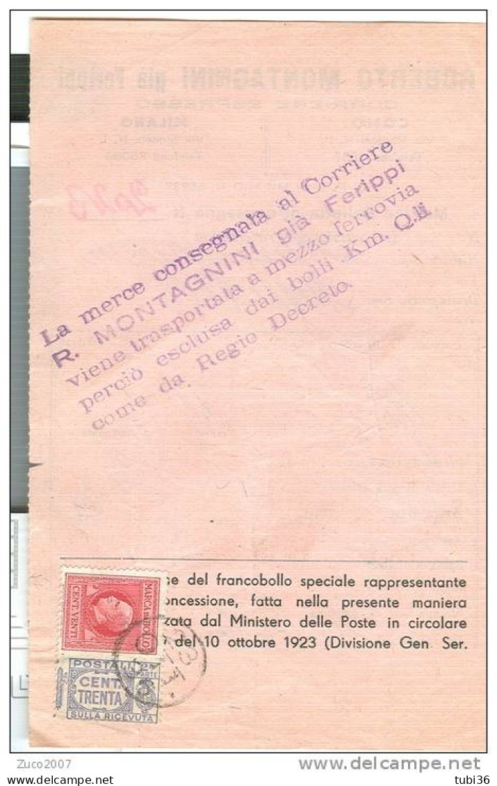 MONTAGNINI CORRIERE , COMO, MILANO, BOLLA SPEDIZIONE CON MARCA DA BOLLO E  FRFANCOBOLLO PACCHI POSTALI  2° PARTE, RR - Postal Parcels