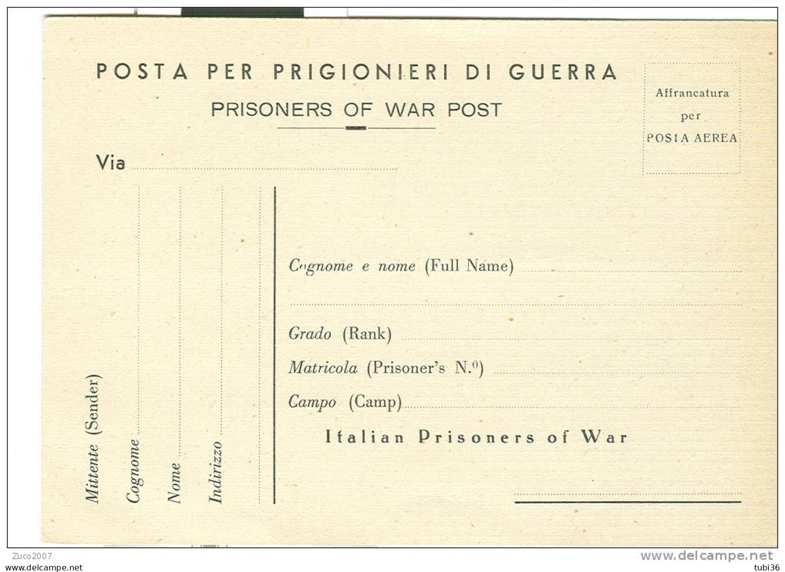 PRIGIONIERI DI GUERRA , CARTOLINA PER LA CORRISPONDENZA DEI PRIGIONIERI,ORDINARIA IN FRANCHIGIA,  NUOVA - Presidio & Presidiarios