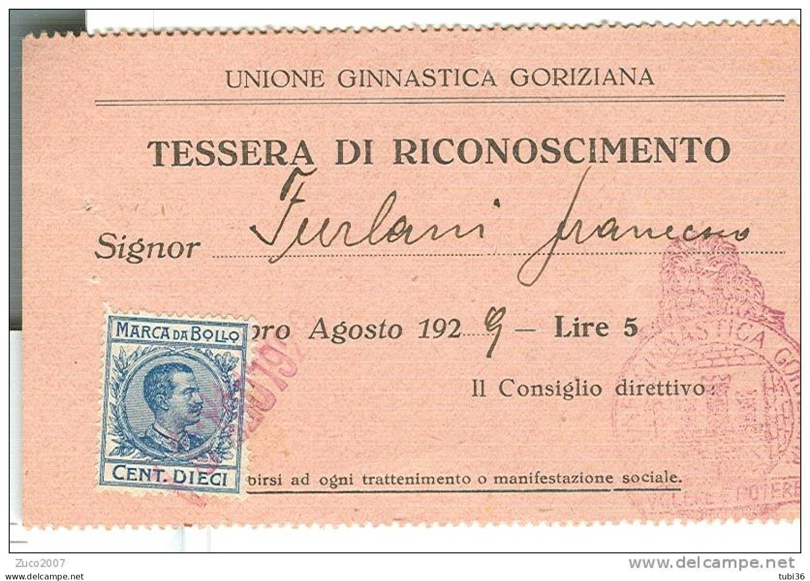 UNIONE GINNASTICA GORIZIANA, TESSERA DI RICONOSCIMENTO  AGOSTO 1929, FORMATO 10,5 X 6,5 - - Gymnastik