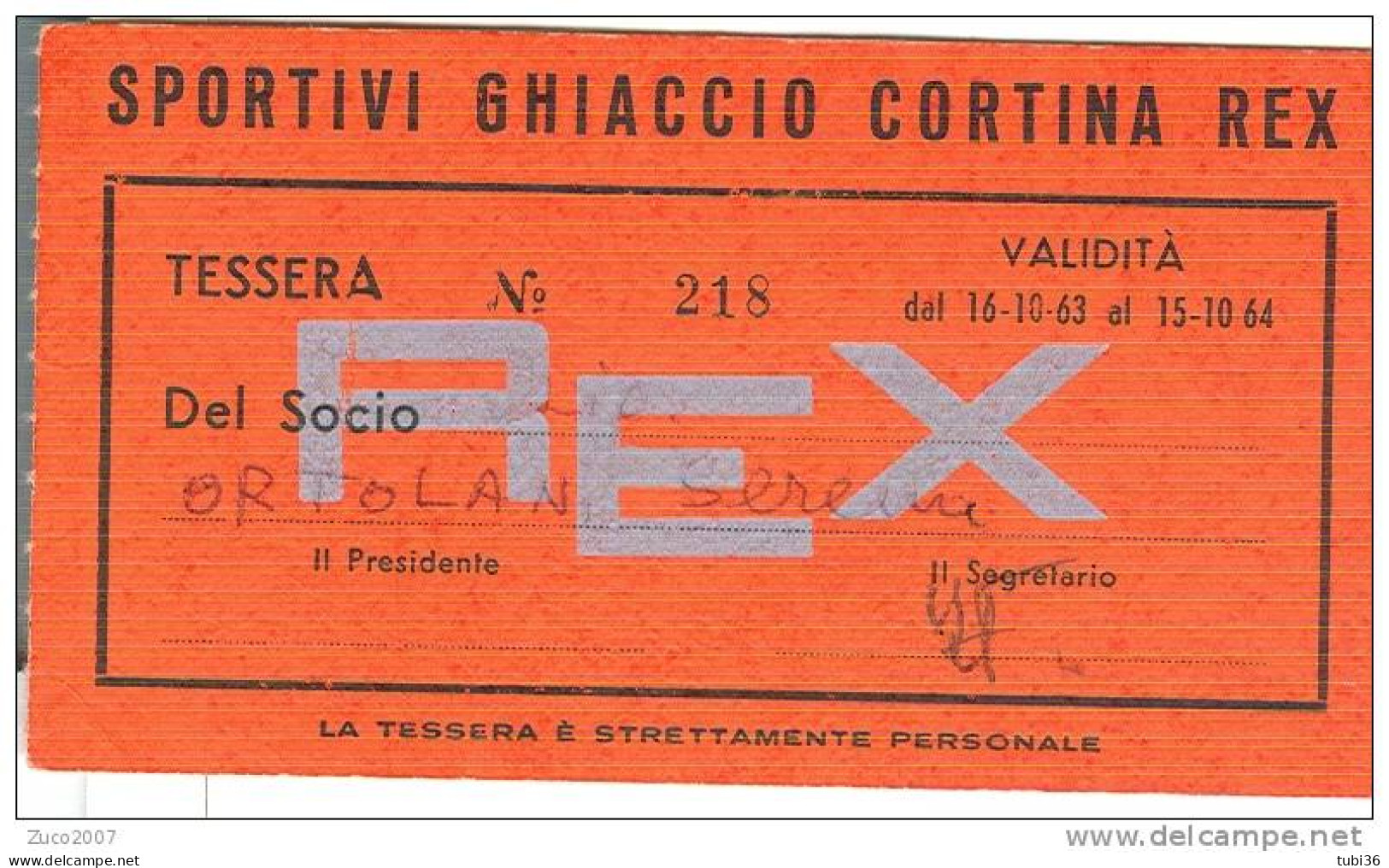 SPORTIVI GHIACCIO CORTINA REX, TESSERA  VALIDITA  1963-1964, - 1960-1969