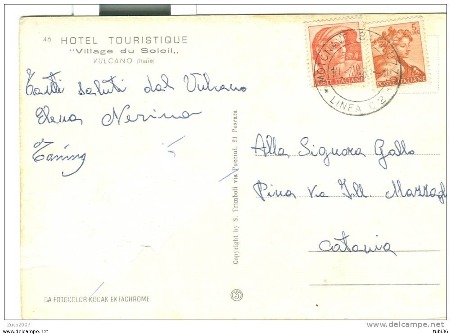 MOTONAVE BASILUZZO, LINEA C 2,timbro Su Cartolina  Ill.viaggiata  1963 X CATANIA, HOTEL TOURISTIQUE  VULCANO, - Other (Sea)