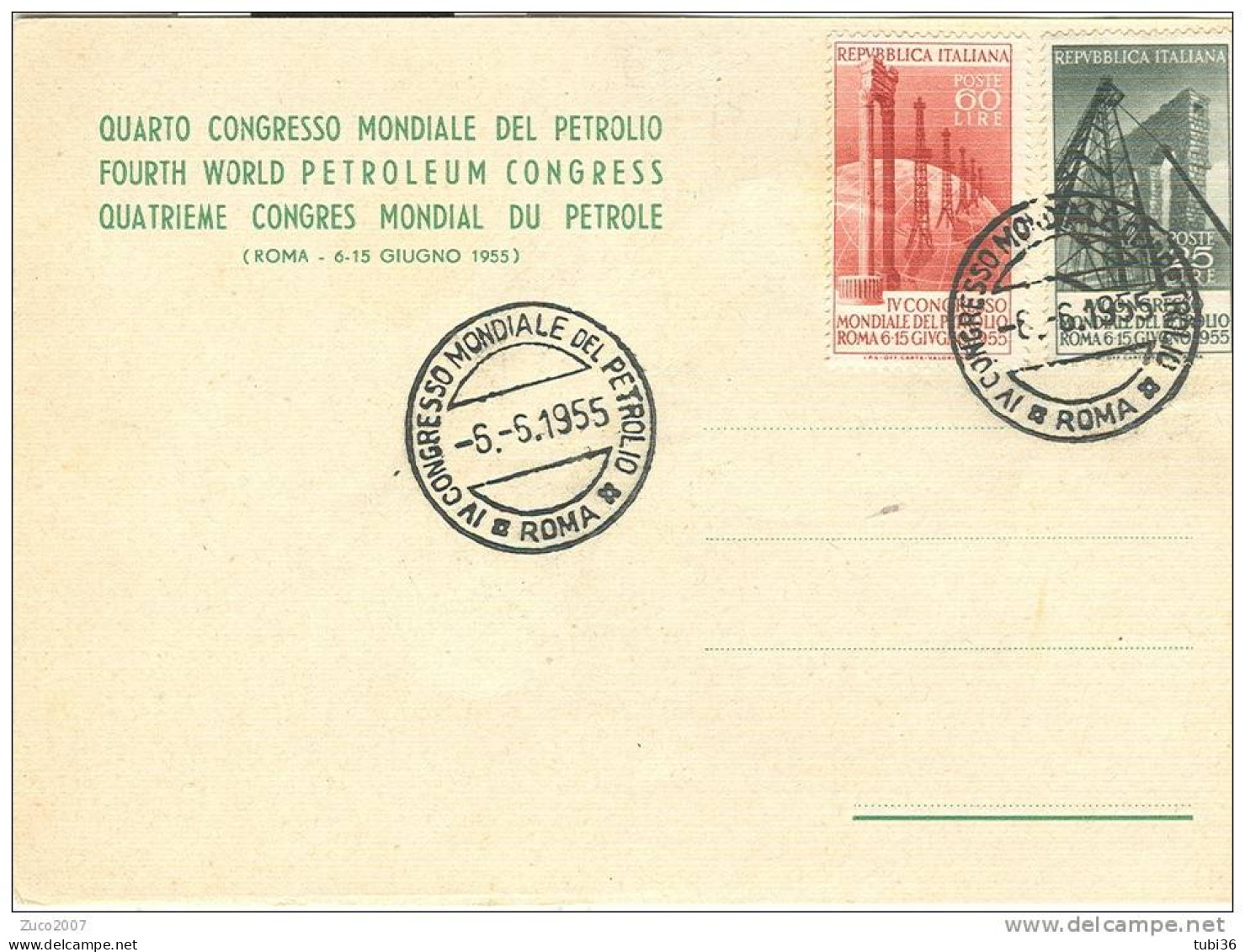 QUARTO CONGRESSO  MONDIALE DEL PETROLIO, ROMA  1955, ANNULLO SPECIALE SU CARTOLINA DEDICATA, - Aardolie