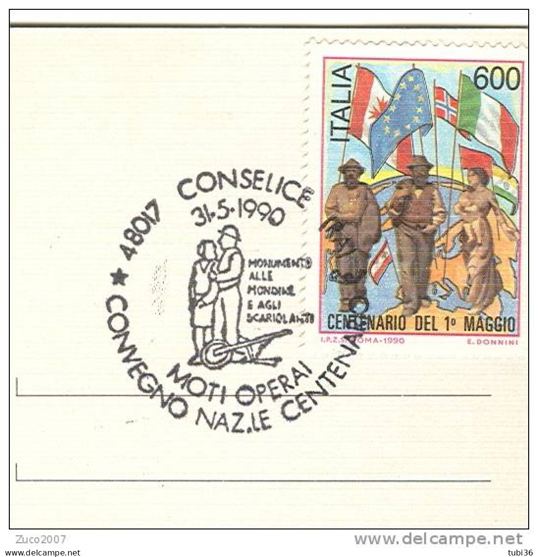 CONSELICE, RAVENNA, MOTI OPERAI, CENTENARIO 1990,  ANNULLO POSTALE FIGURATO SU CARTOLINA DEDICATA, 1890-1990, - Gewerkschaften