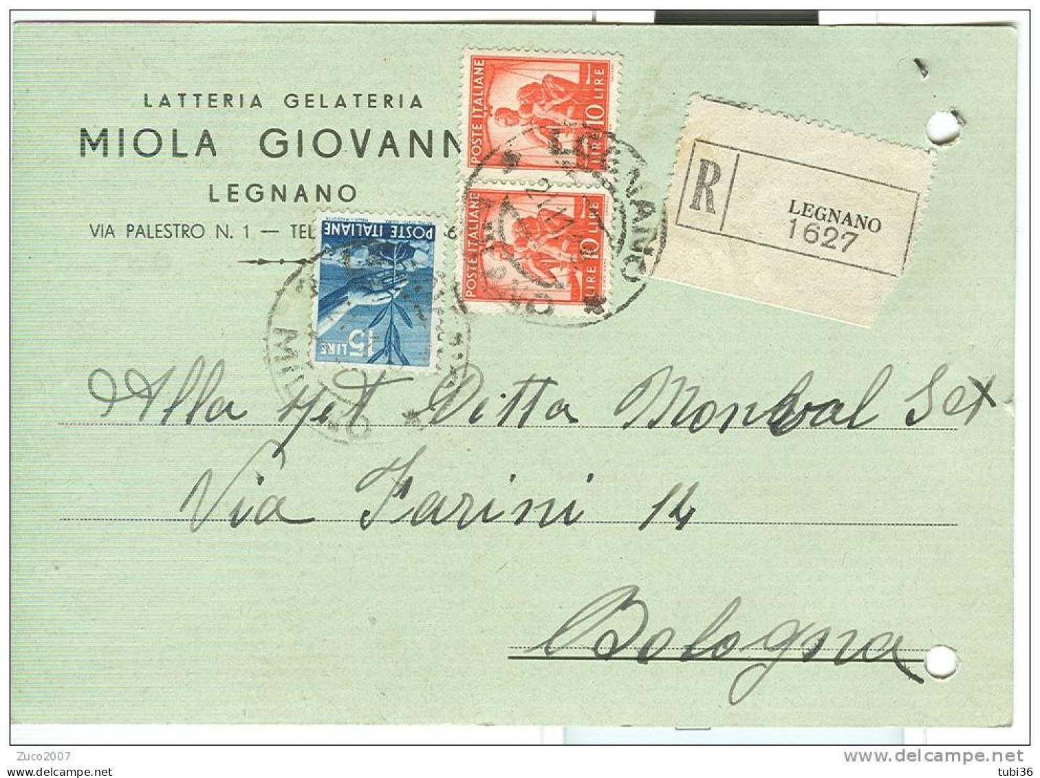 MIOLA, LEGNANO, CARTOLINA COMMERCIALE VIAGGIATA  1949,  C.P. RACCOMANDATA PER BOLOGNA, - Legnano