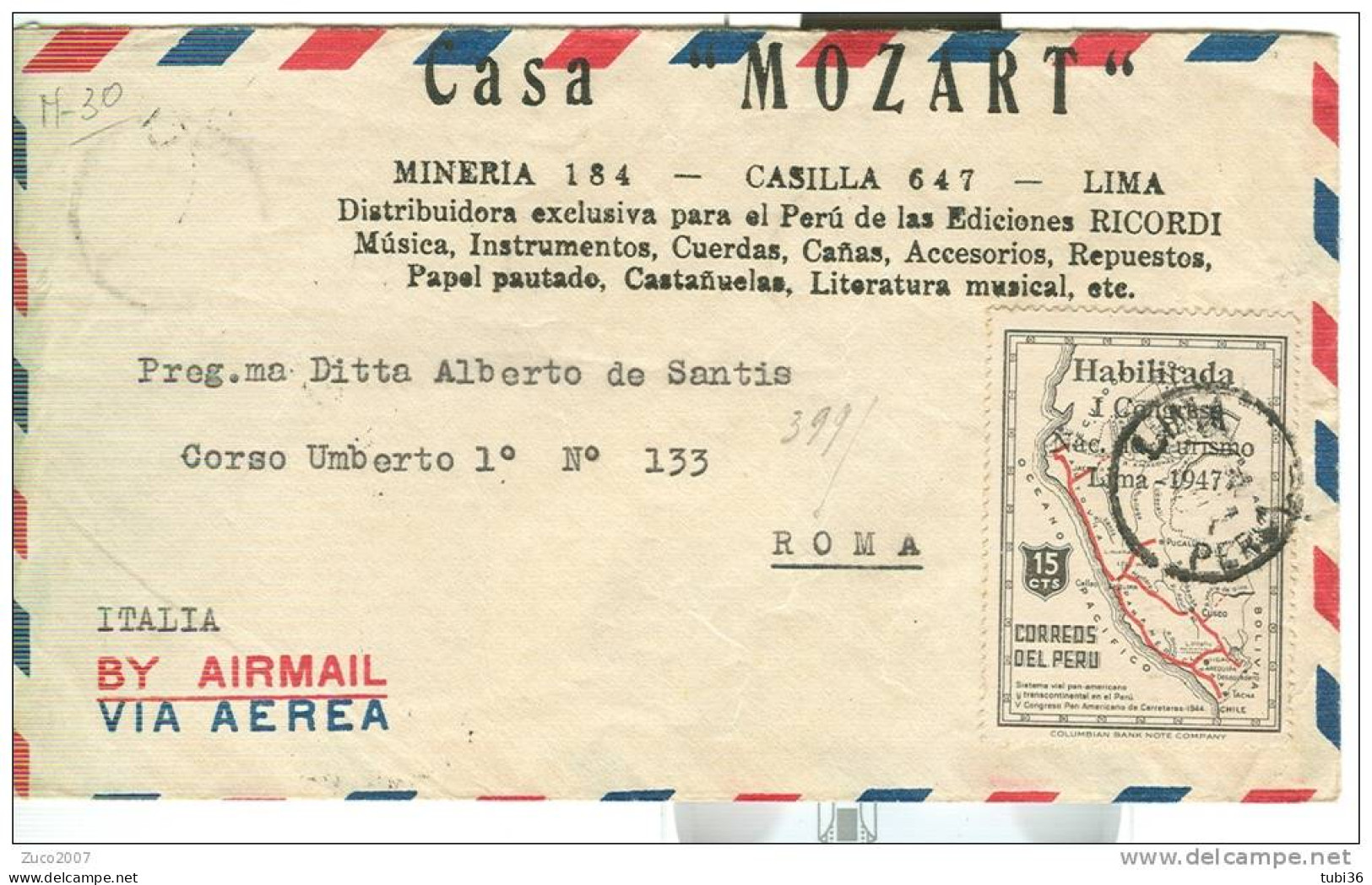 1° CONGRESSO  NAC. DE TURISMO,  LIMA 1947,  SU BUSTA PER ROMA, - Hôtellerie - Horeca
