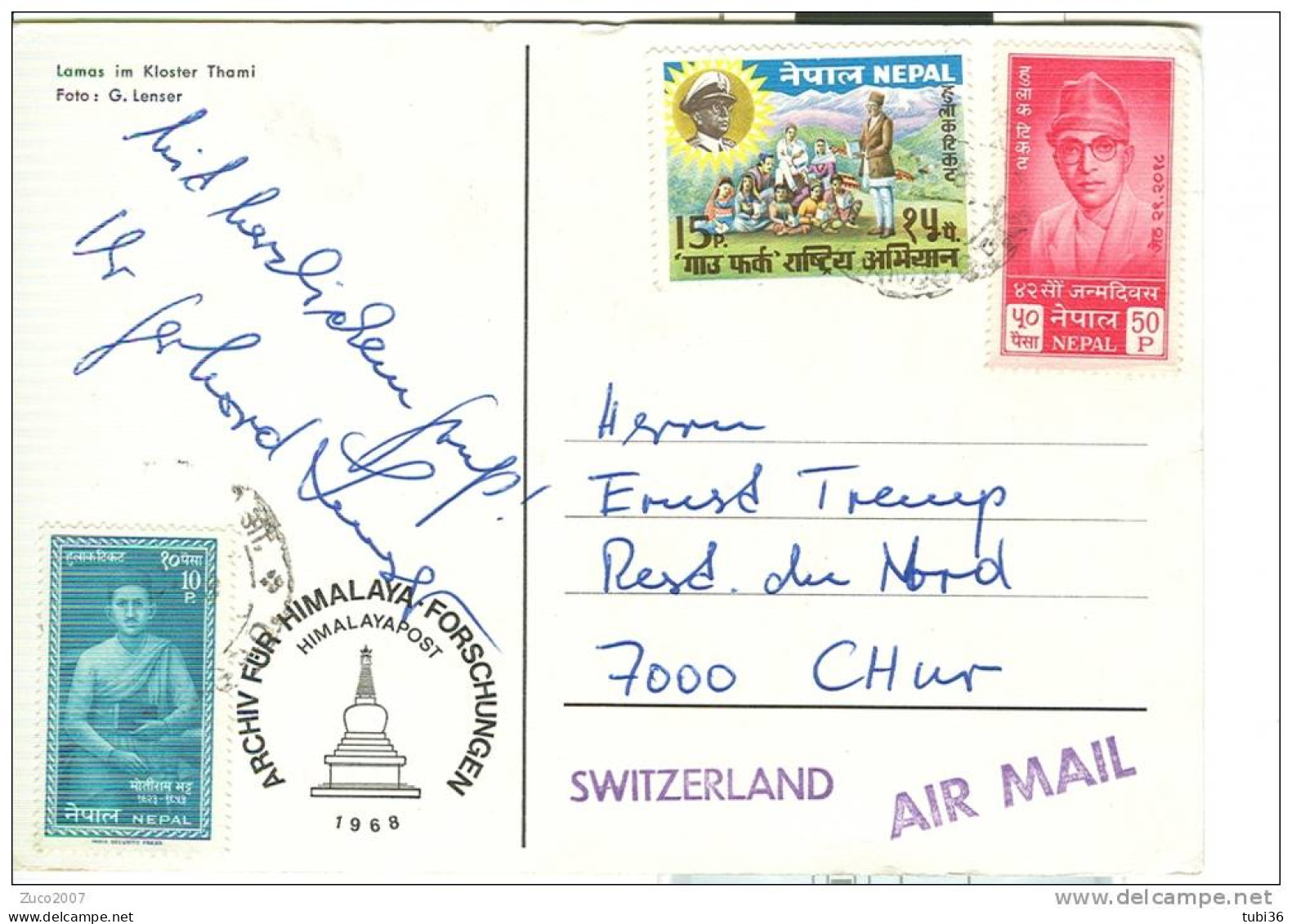 NEPAL, LAMAS IM KLOSTER THAMI, ILLUSTRATED CARD, WHITE BLACK, USED FOR SWITZERLAND, 1968, - Nepal