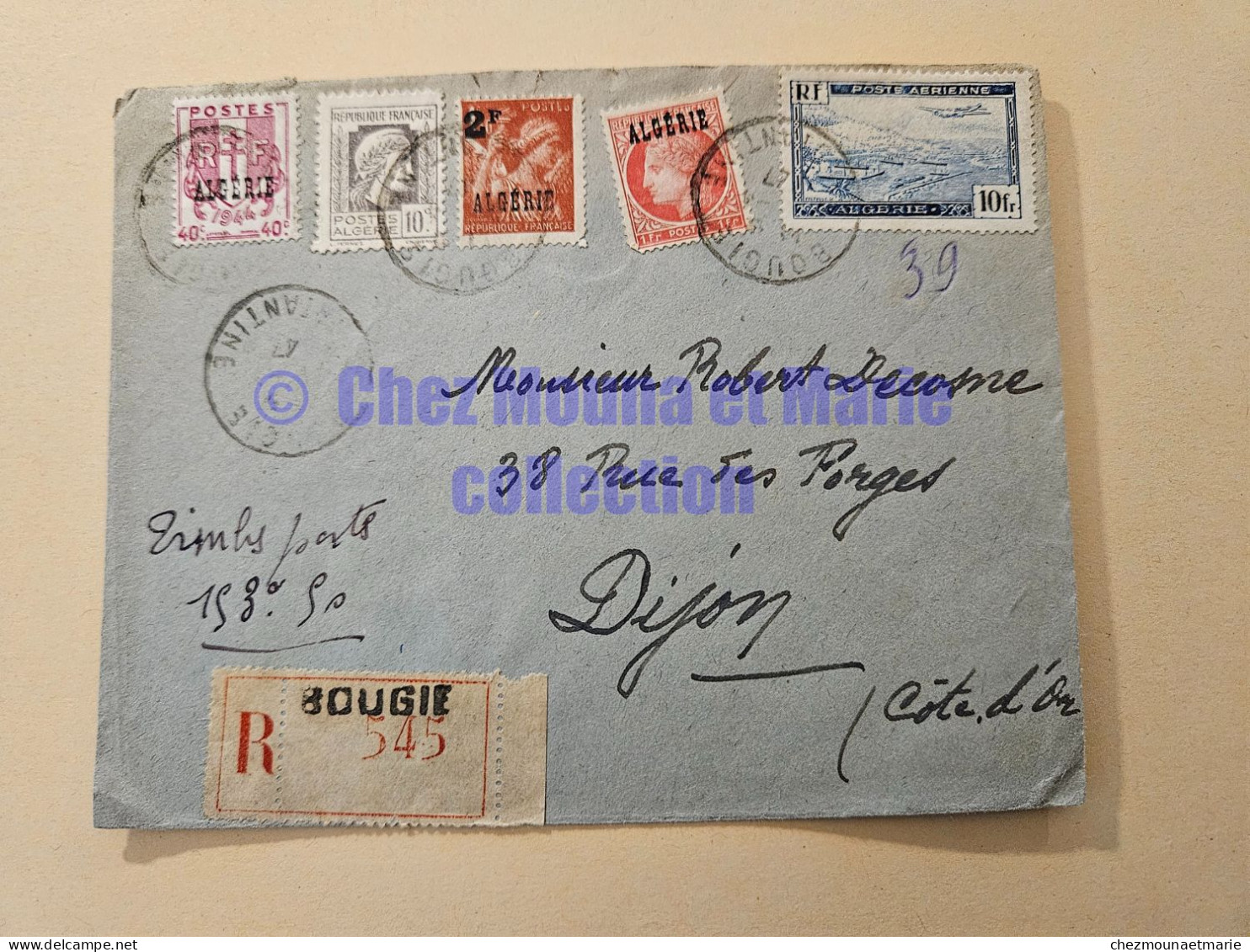 1947 REC 545 BOUGIE ALGERIE POSTE AERIENNE 13.5 FRANCS POUR DECOSNE A  DIJON - ENVELOPPE - Cartas & Documentos