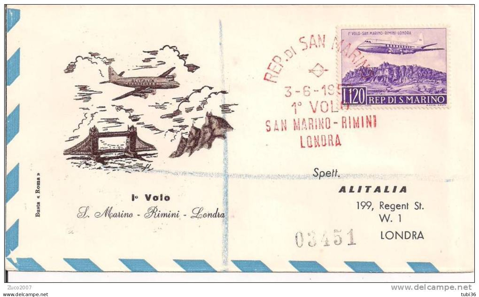 ALITALIA - 1` VOLO  SAN MARINO RIMINI LONDRA - 1952 - FRANCOBOLLO CON AEREO ALITALIA SU BUSTA FIGURATA ALITALIA - Werbung