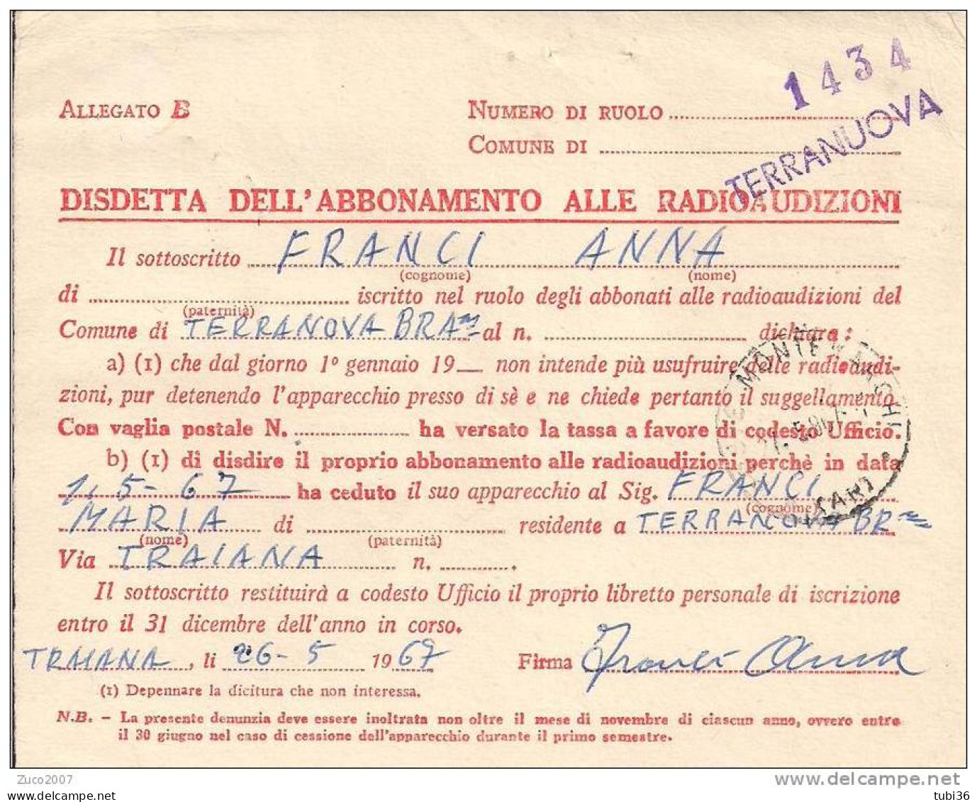 RADIO - DISDETTA ABBONAMENTO ALLE RADIOAUDIZIONI -  R.R. VIAGGIATA  1967  - LATERINA/ MONTEVARCHI  AREZZO - Other & Unclassified