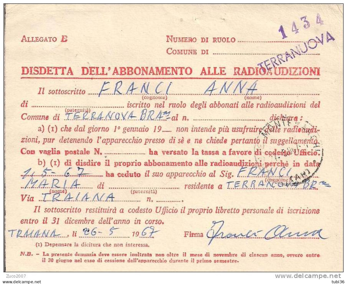 RADIO - DISDETTA ABBONAMENTO ALLE RADIOAUDIZIONI -  R.R. VIAGGIATA  1967  - LATERINA/ MONTEVARCHI  AREZZO - Autres & Non Classés