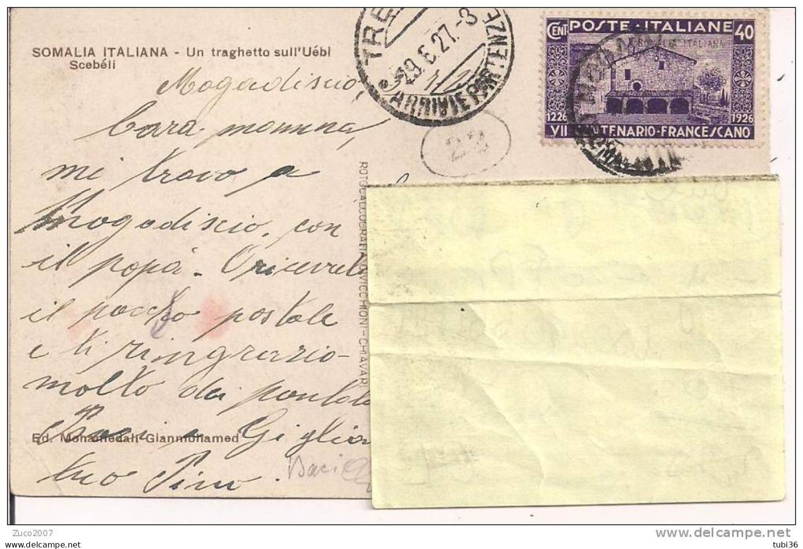 SOMALIA  ITALIANA - UN TRAGHETTO  - CARTOLINA B/N  VIAGGIATA  1927 - PER TRENTO - CENTENARIO FRANCESCANO  CENT. 40 SOMAL - Somalia