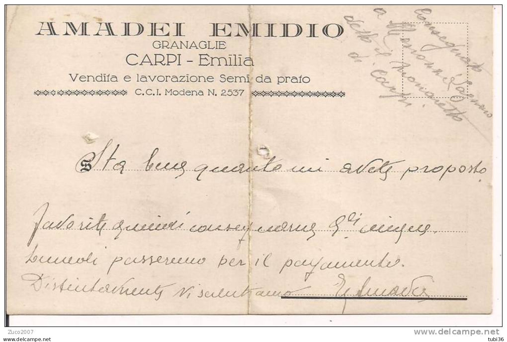 AMADEI - CARPI - CARTOLINA COMMERCIALE  VIAGGIATA  IN BUSTA -  1930 - - Carpi